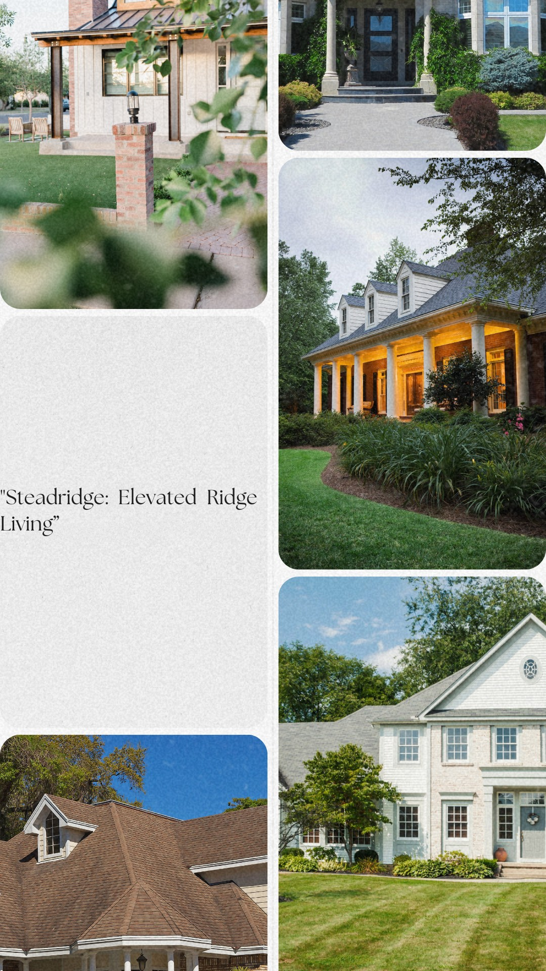 Collage of different home exteriors including a house with a brick pillar and lamp, a house with stone columns and a blue door, a house with a large porch and dormer windows, a house with a brown roof and a small window, and a white house with a well-maintained lawn.
