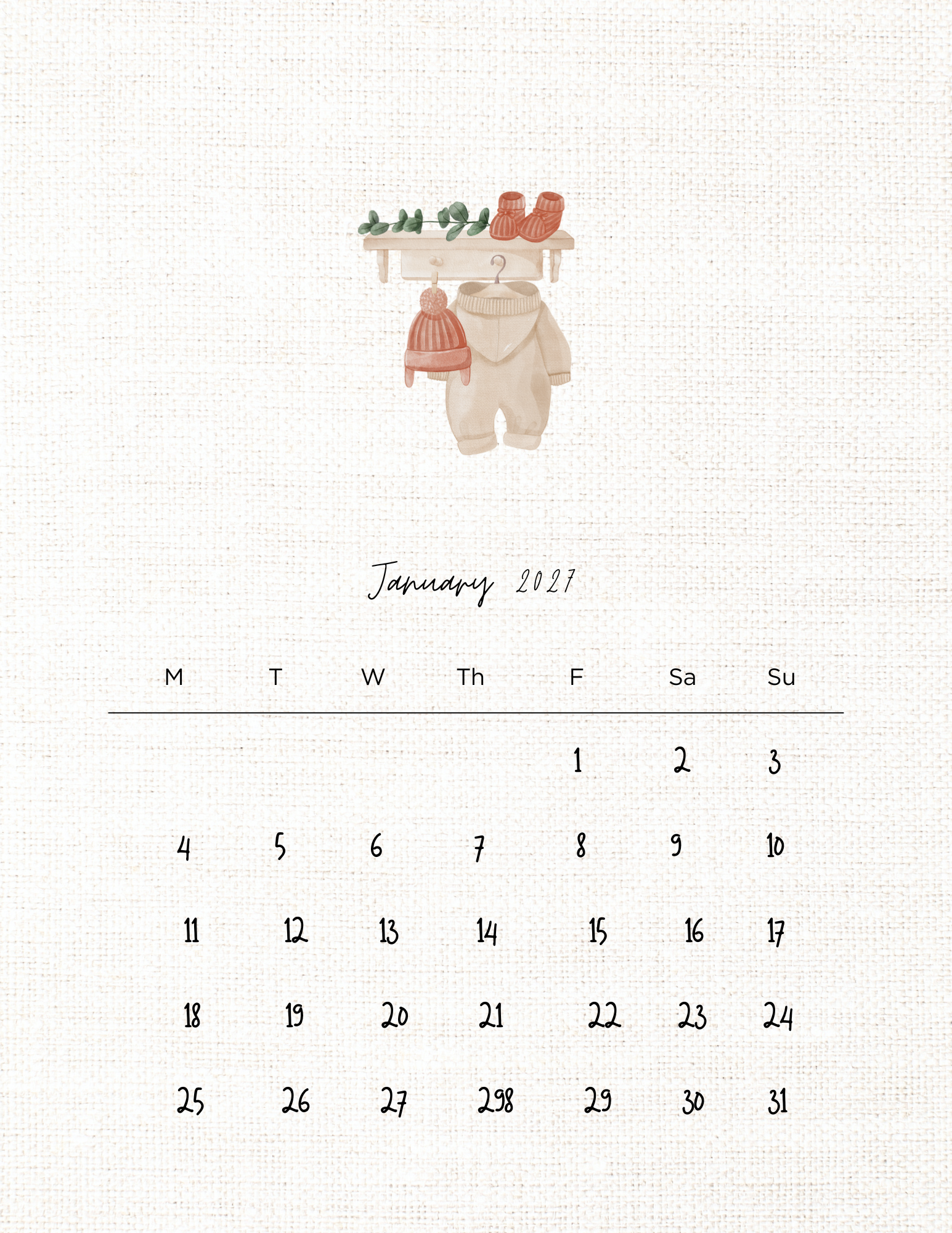 2027 Calendar - Toddler Clothing Aesthetic