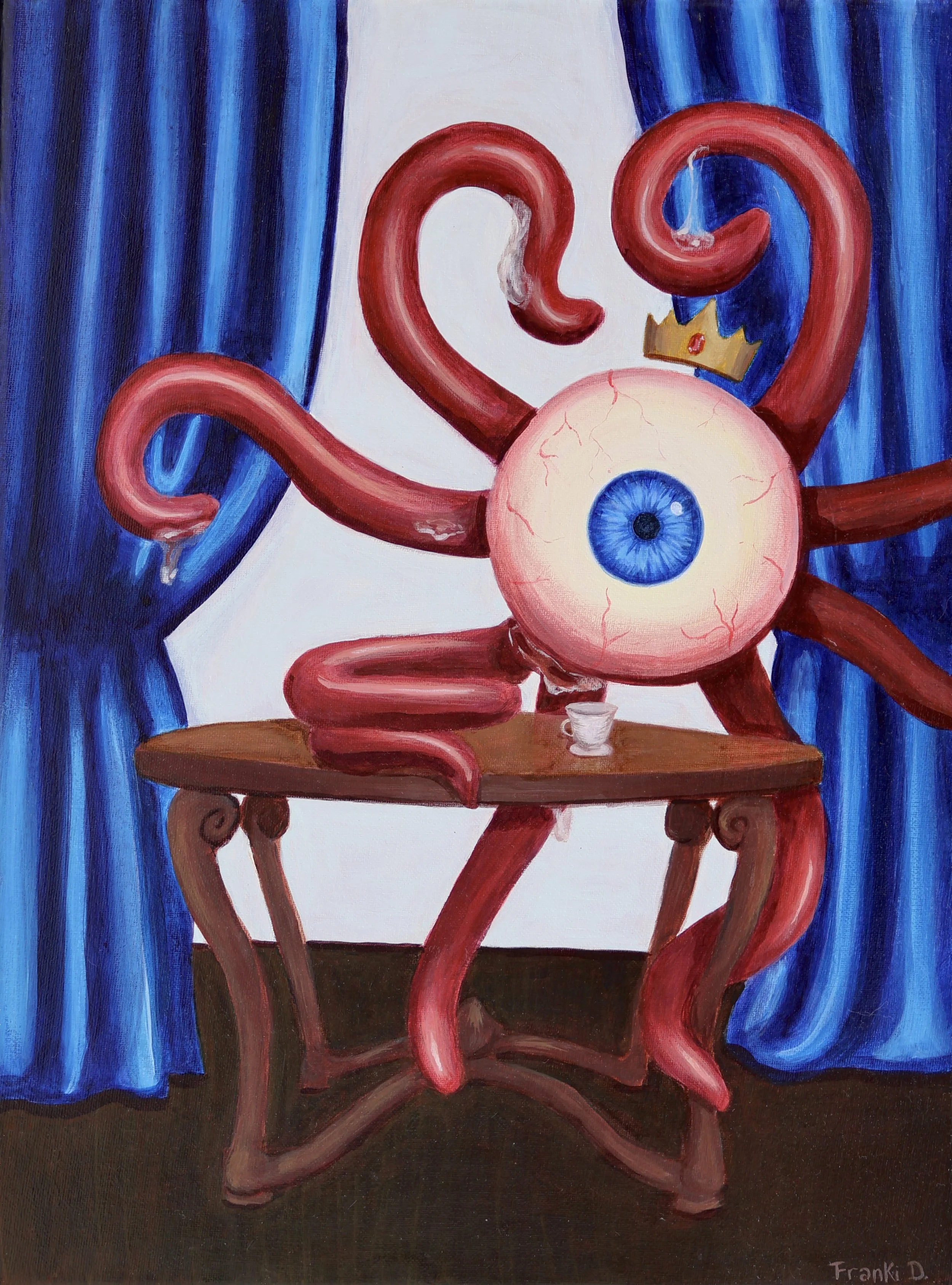 A painting of a surreal creature with a large blue eye as a head, red tentacle-like limbs, and a small crown on top of what appears to be its eye. The creature is seated at a wooden table with a small cup. The background features dark blue curtains.