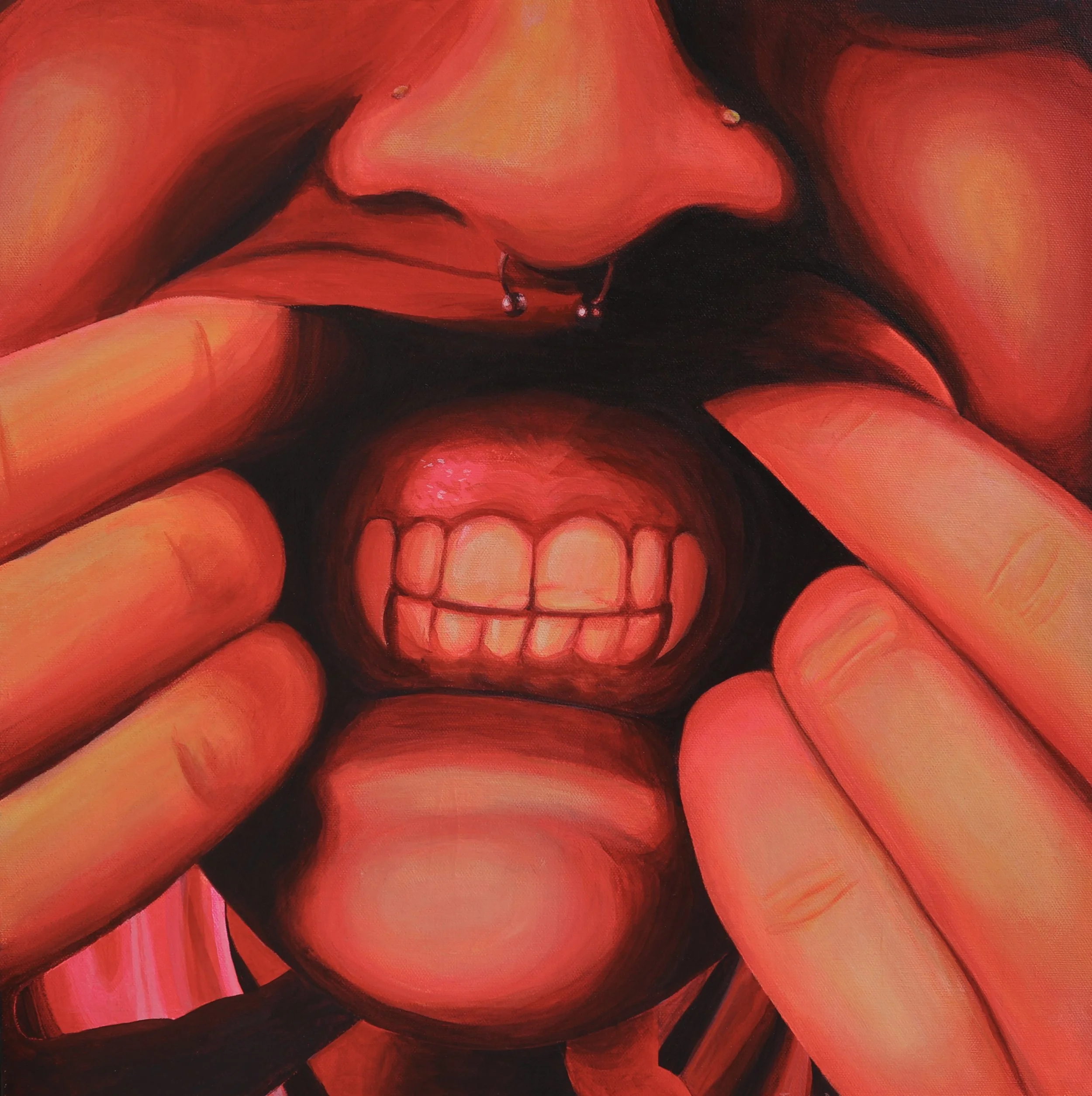 A painting of a woman's face with red and black colors, pulling her lips back with her hands, and showing an intense expression.