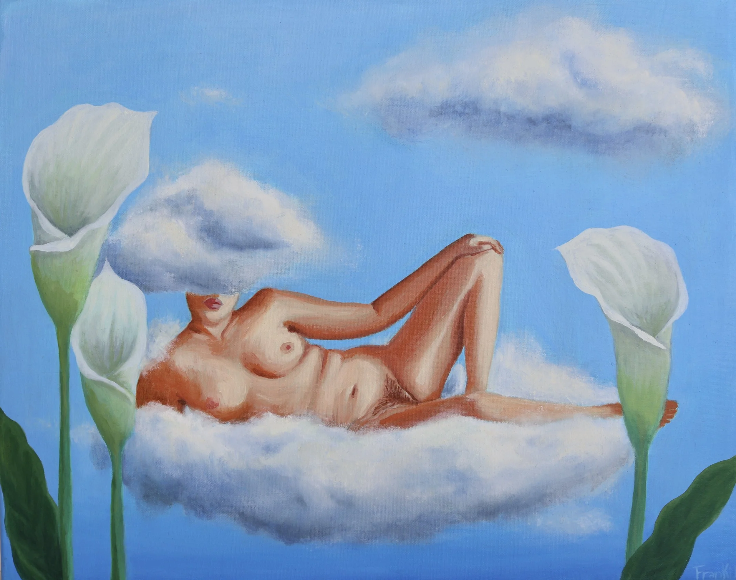 A painting of a nude woman lying on her back surrounded by clouds and white lilies against a pale blue sky.