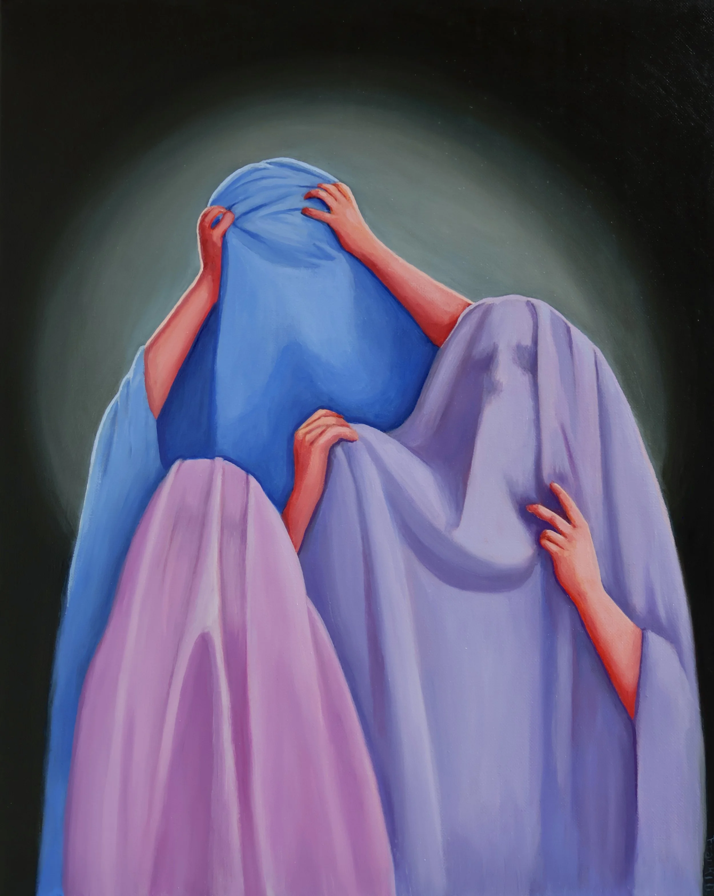 A painting of three people covered in veils, all at different heights, against a dark background.