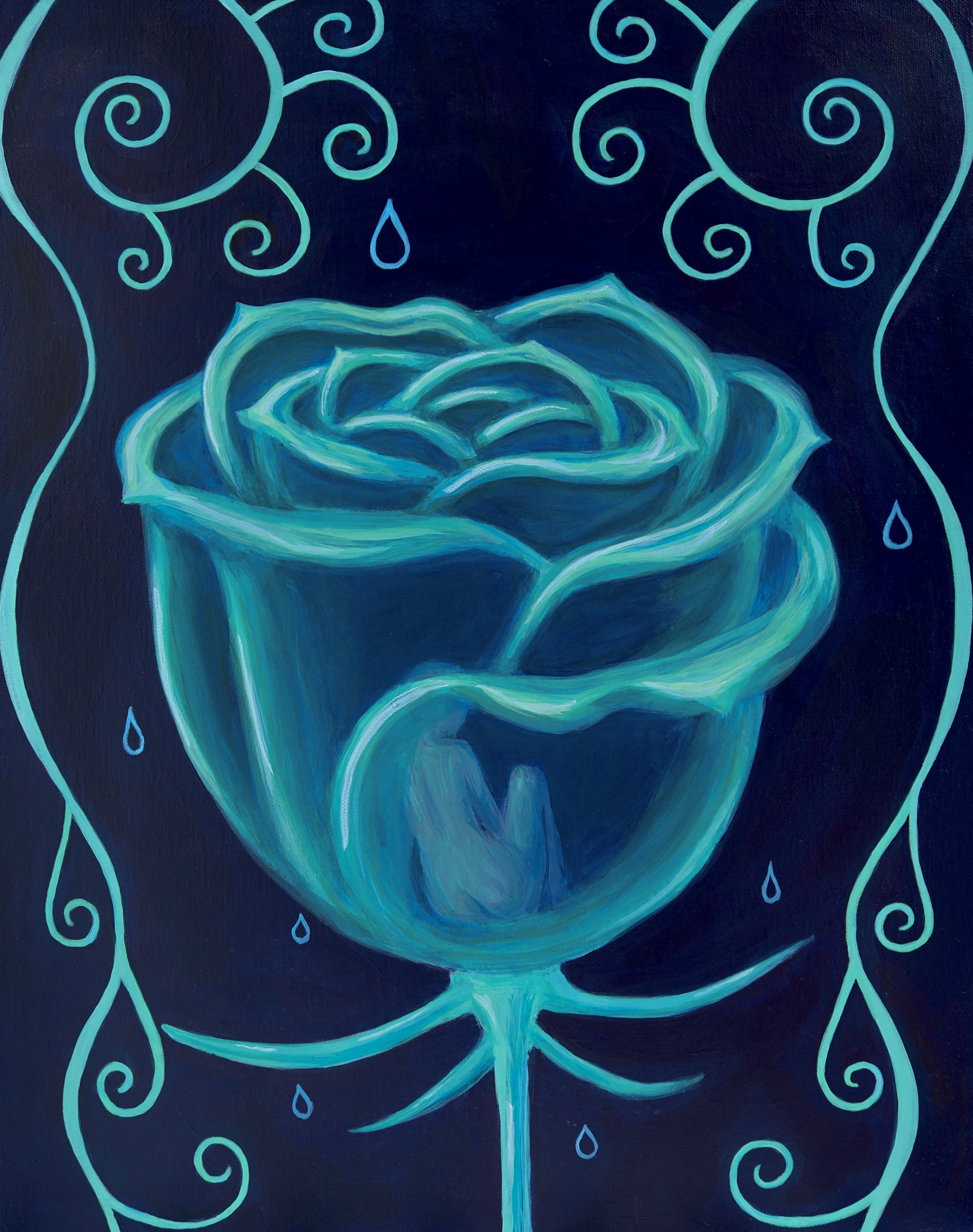 A painting of a blue glass rose with swirling lines and teardrop shapes on a dark background.