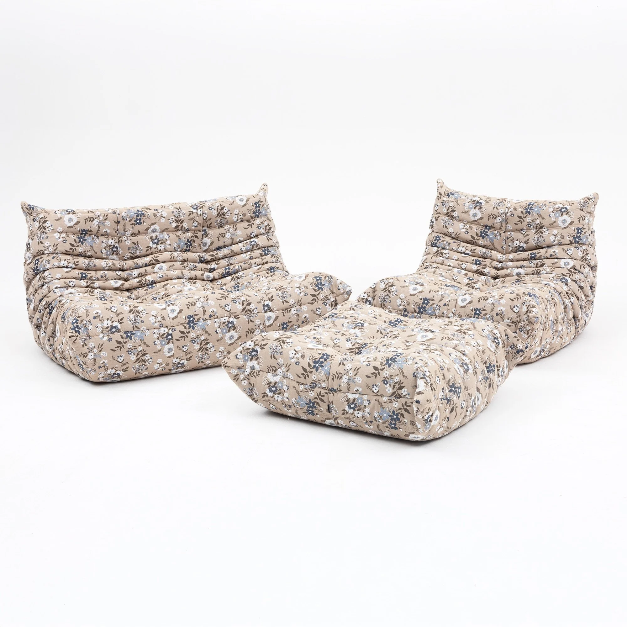 Togo Set in Continental Floral Upholstery Loveseat, Fireside Chair & Ottoman - Restored
