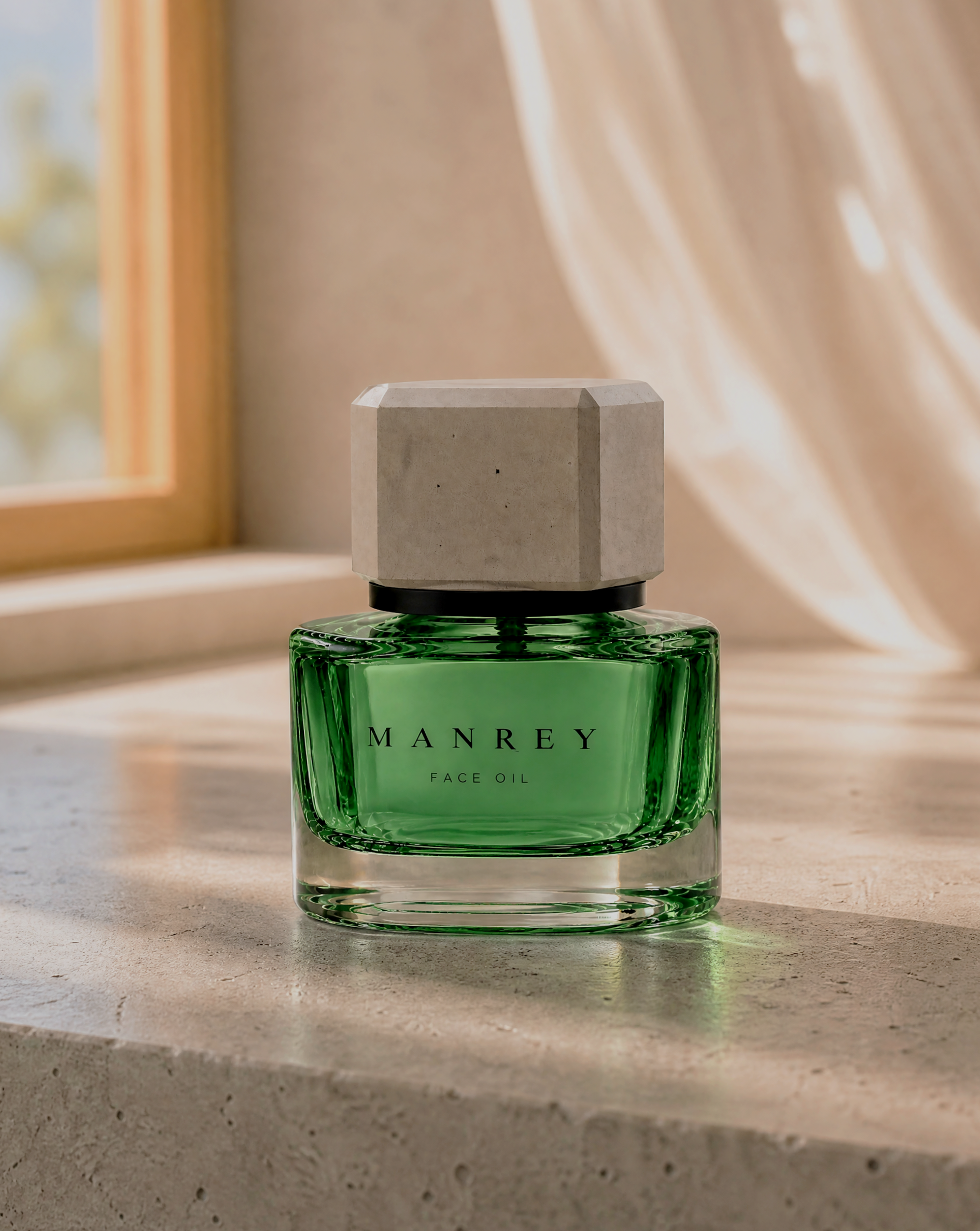 A bottle of Manrey face oil with a green glass base and a white cap, placed on a light-colored surface near a window with sunlight streaming in.