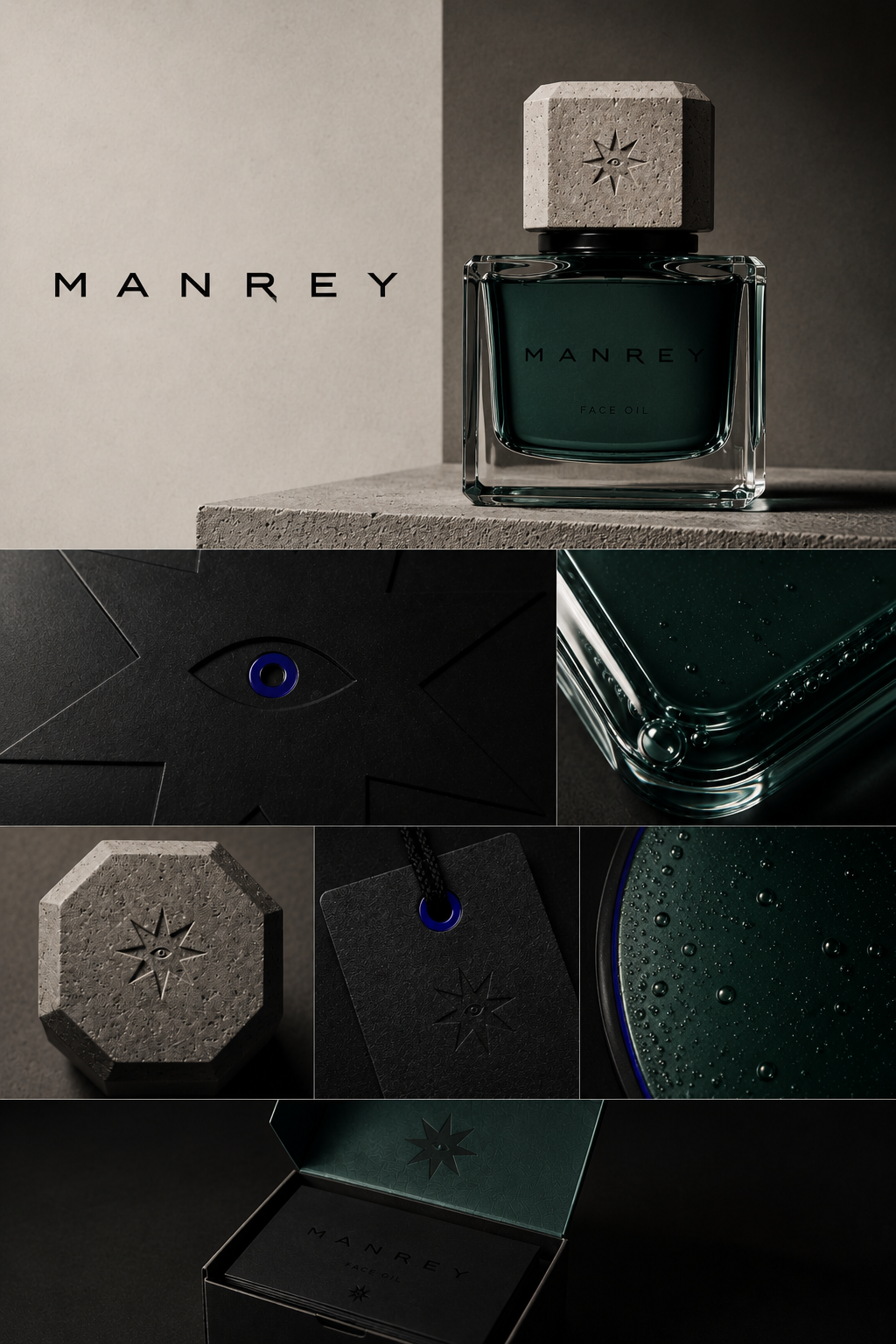 Collage of images showing a bottle of Manrey face oil, its packaging, and detailed close-ups of the product and branding elements, including a tag, cap, and box, with a dark and minimalist aesthetic.