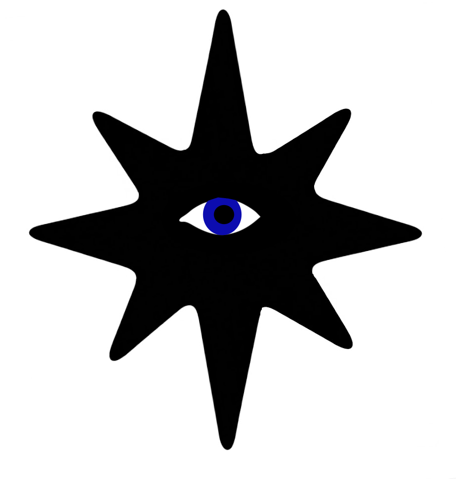 A black star-shaped figure with eight points, featuring a blue eye in the center with a black pupil.