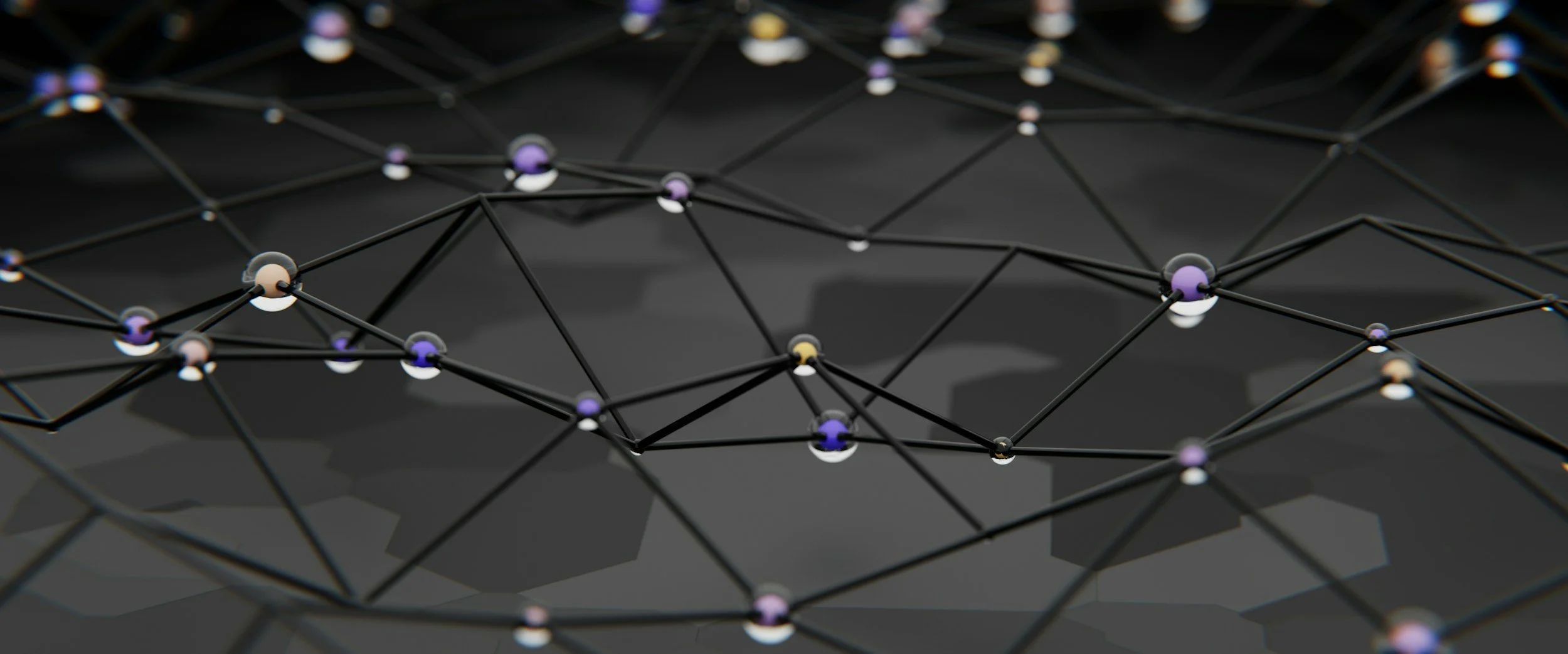 Rete di molecole con sfondo nero, rappresentazione stilizzata di connessioni chimiche o dati digitali.