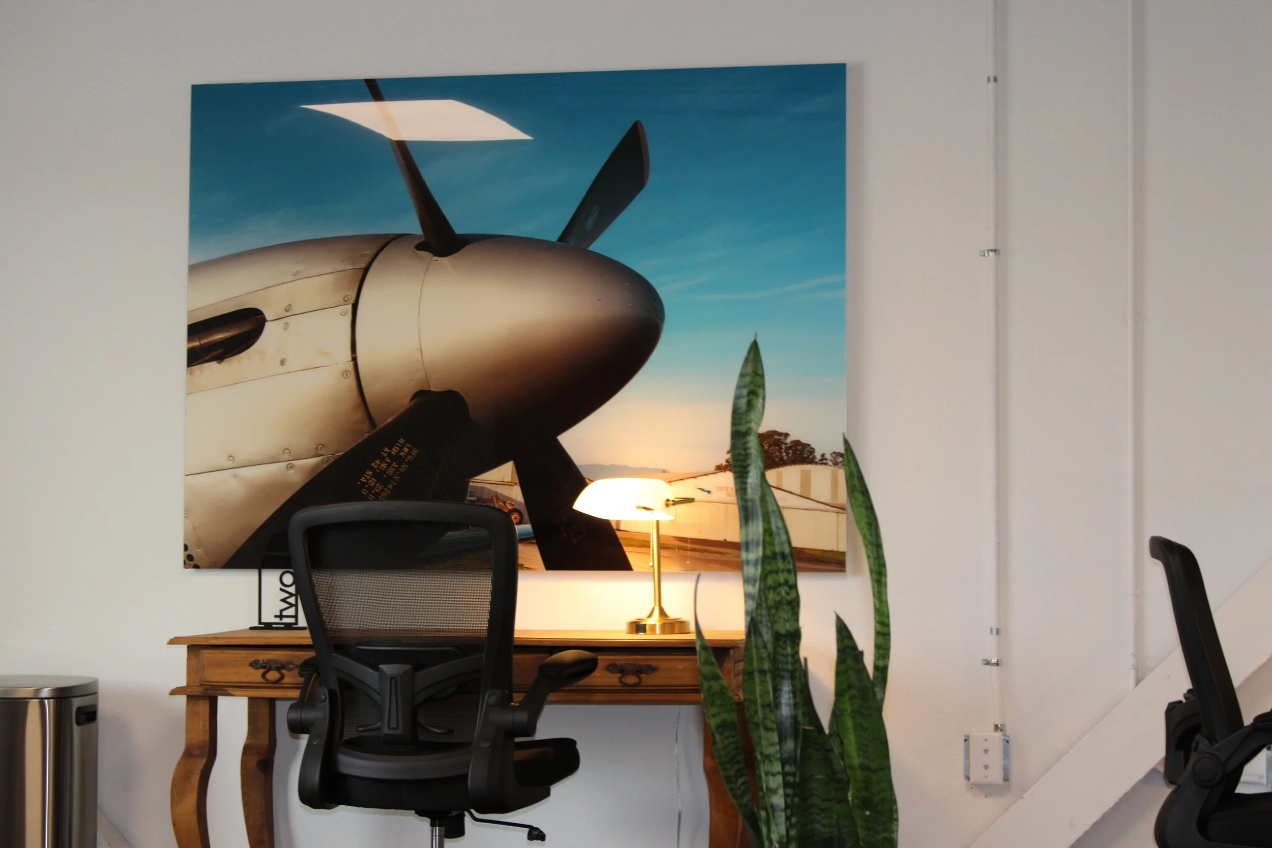 Home office with airplane propeller artwork, desk lamp, office chair, wooden desk, and tall snake plants