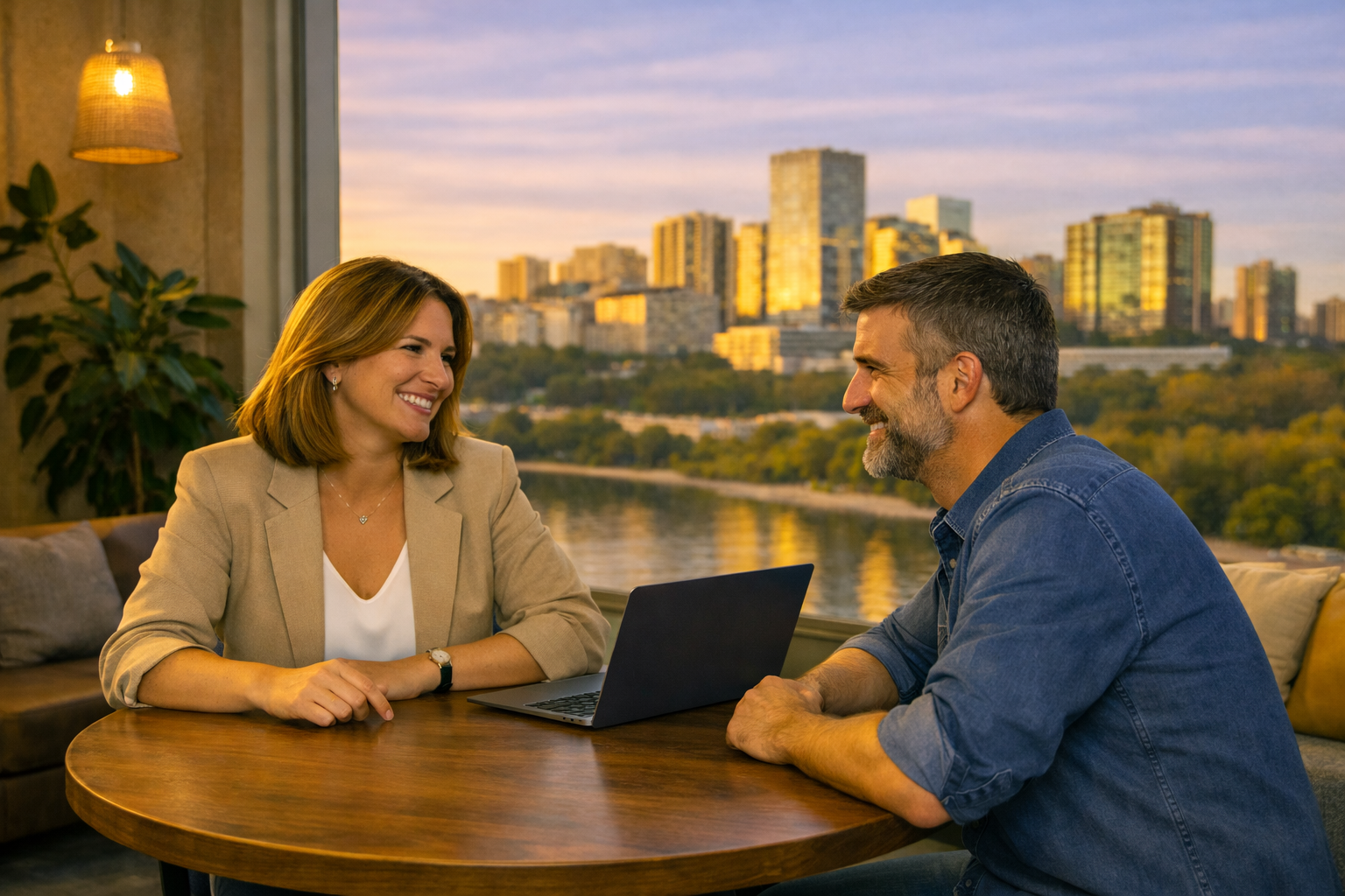 A man and woman sitting across from each other at a round wooden table, smiling and engaging in conversation, with a city skyline and river in the background during sunset.