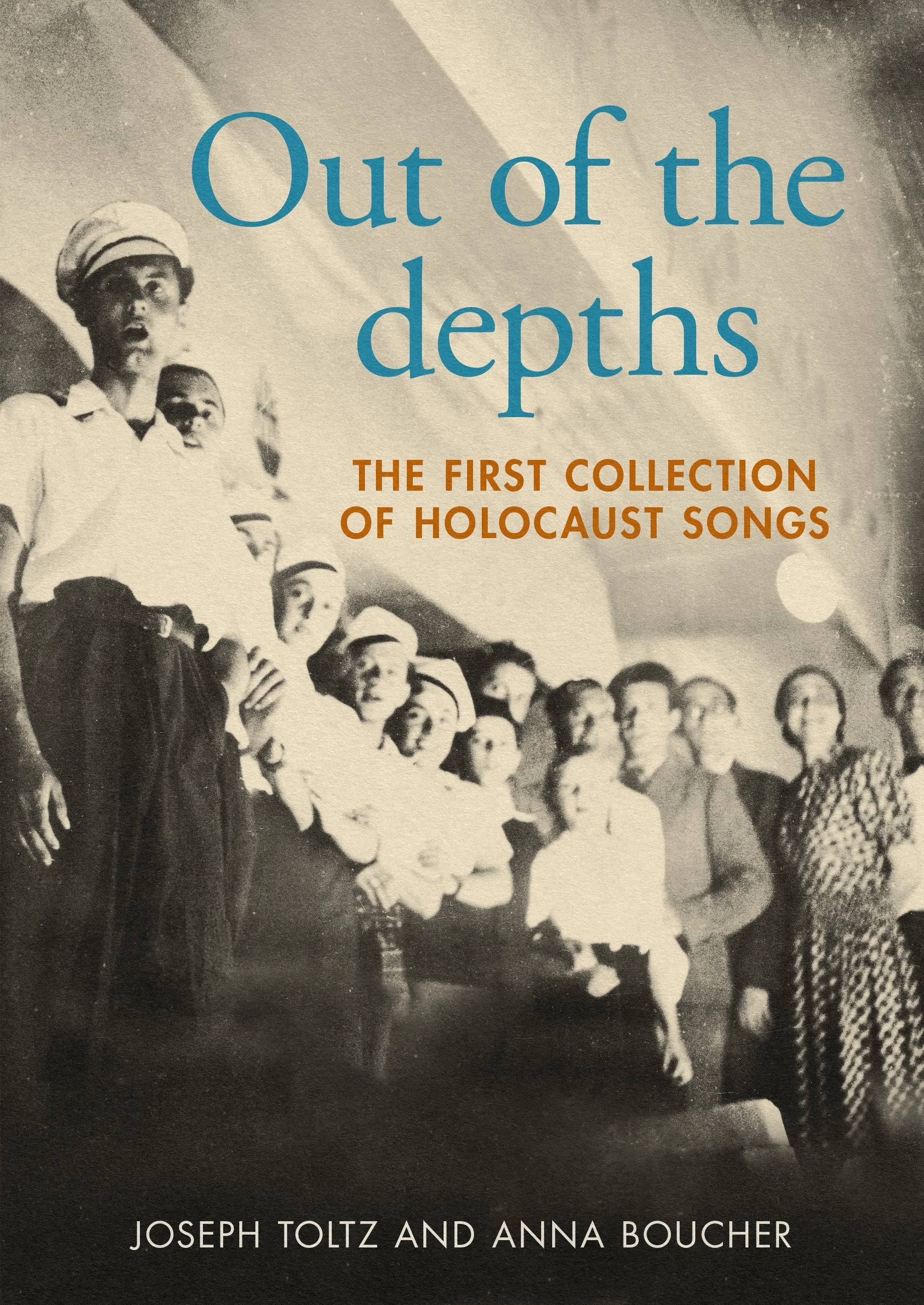 The cover of a book titled 'Out of the depths,' featuring a black and white photograph of people, including a woman in a white uniform with a hat and several children, standing in a row, with the authors' names Joseph Toltz and Anna Boucher at the bottom.
