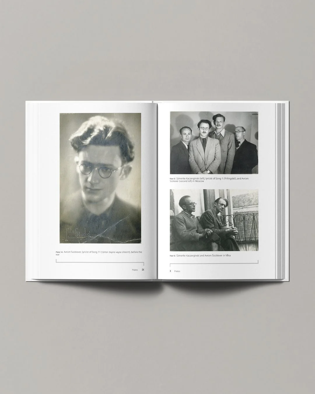 Open book showing black-and-white photos of a young man with glasses and four other individuals, with captions describing the scenes.