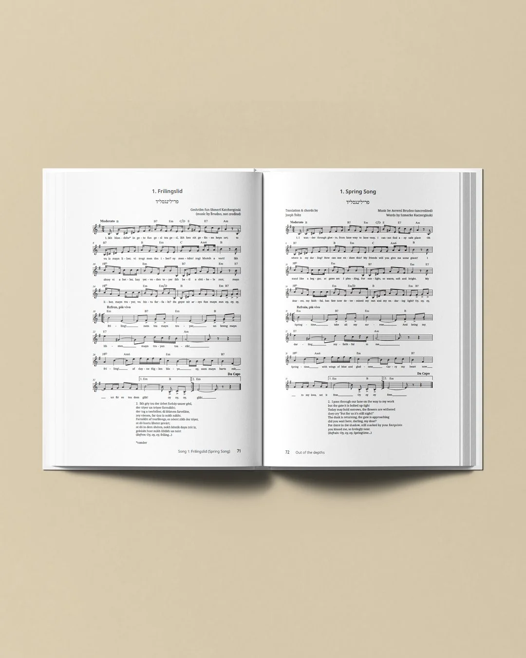 Open sheet music book with two pages displaying musical notes and lyrics for 'Spring Song' and 'Frilingslid' against a beige background.
