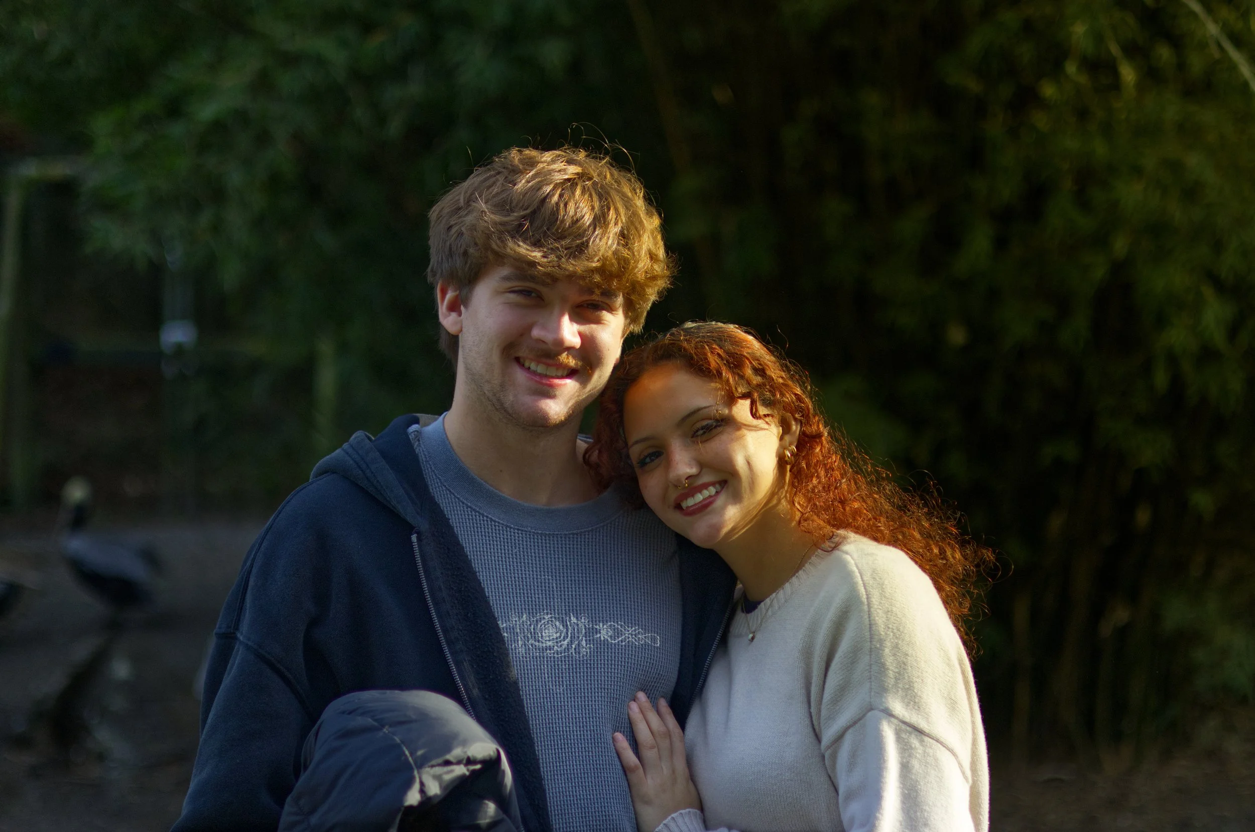 A young couple smiling and embracing outdoors during the evening, with trees and ducks in the background.