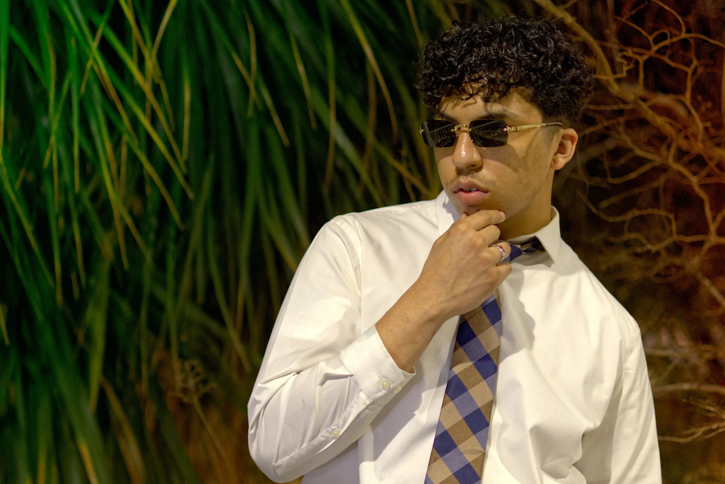 A young man with curly hair wearing sunglasses, a white shirt, and a plaid tie, standing against a background of green plants. He is touching his chin with his hand and looking thoughtful.