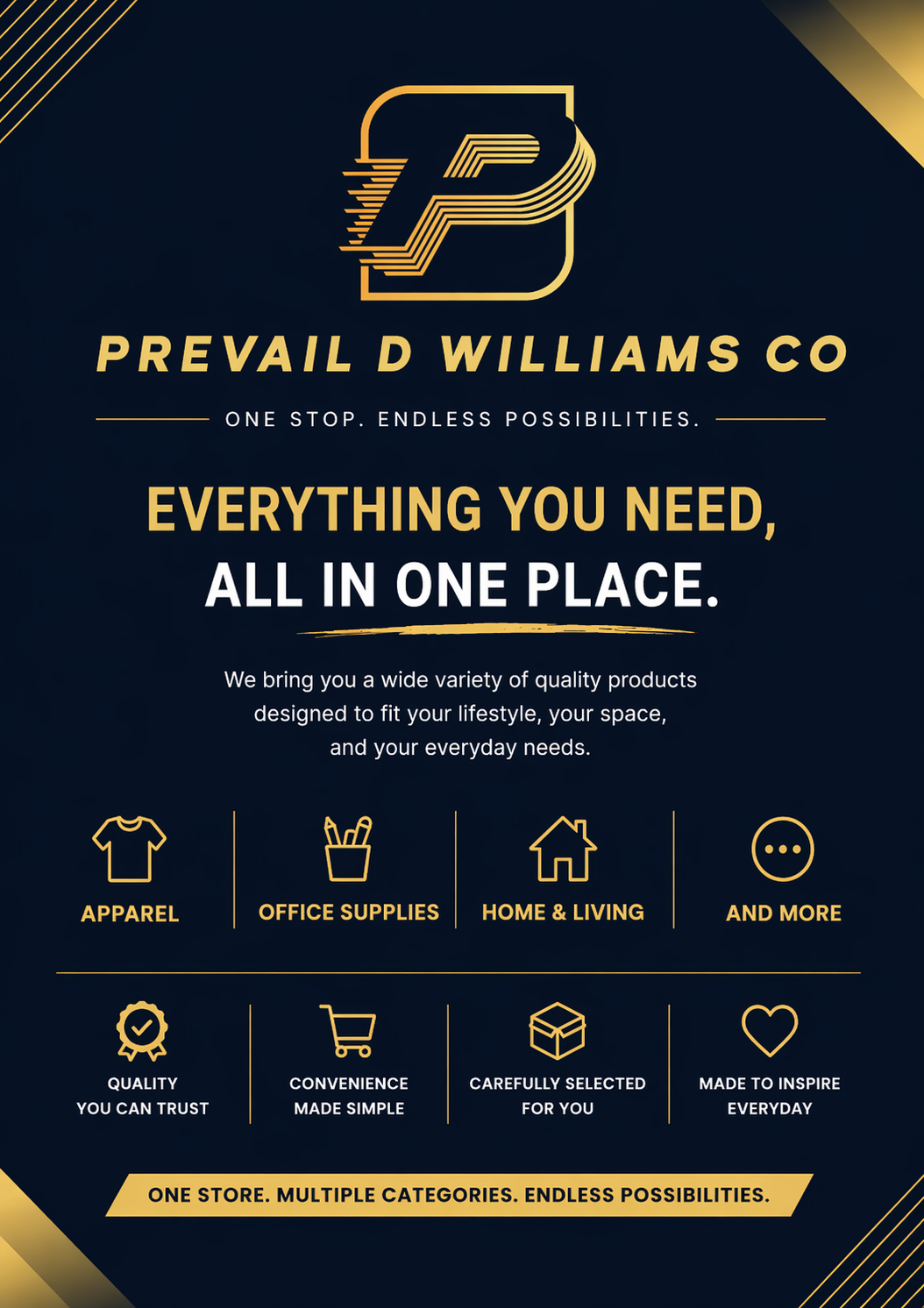 A promotional poster for Prevail D Williams Co showcasing a variety of products including apparel, office supplies, and home & living items, emphasizing convenience, quality, and inspiration.