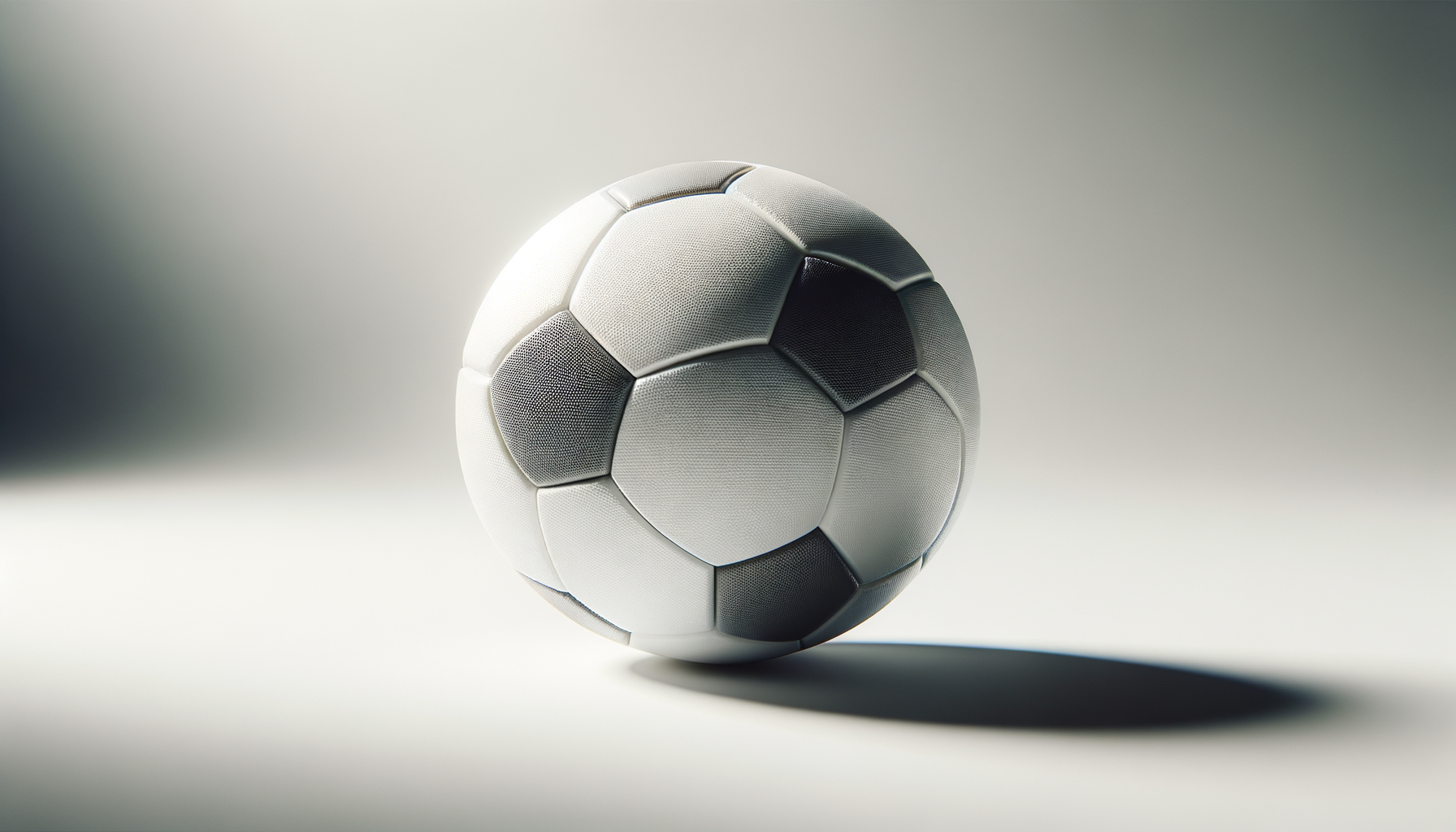 A modern soccer ball with a black and white pentagon pattern is placed on a flat surface with soft lighting and a blurred background.