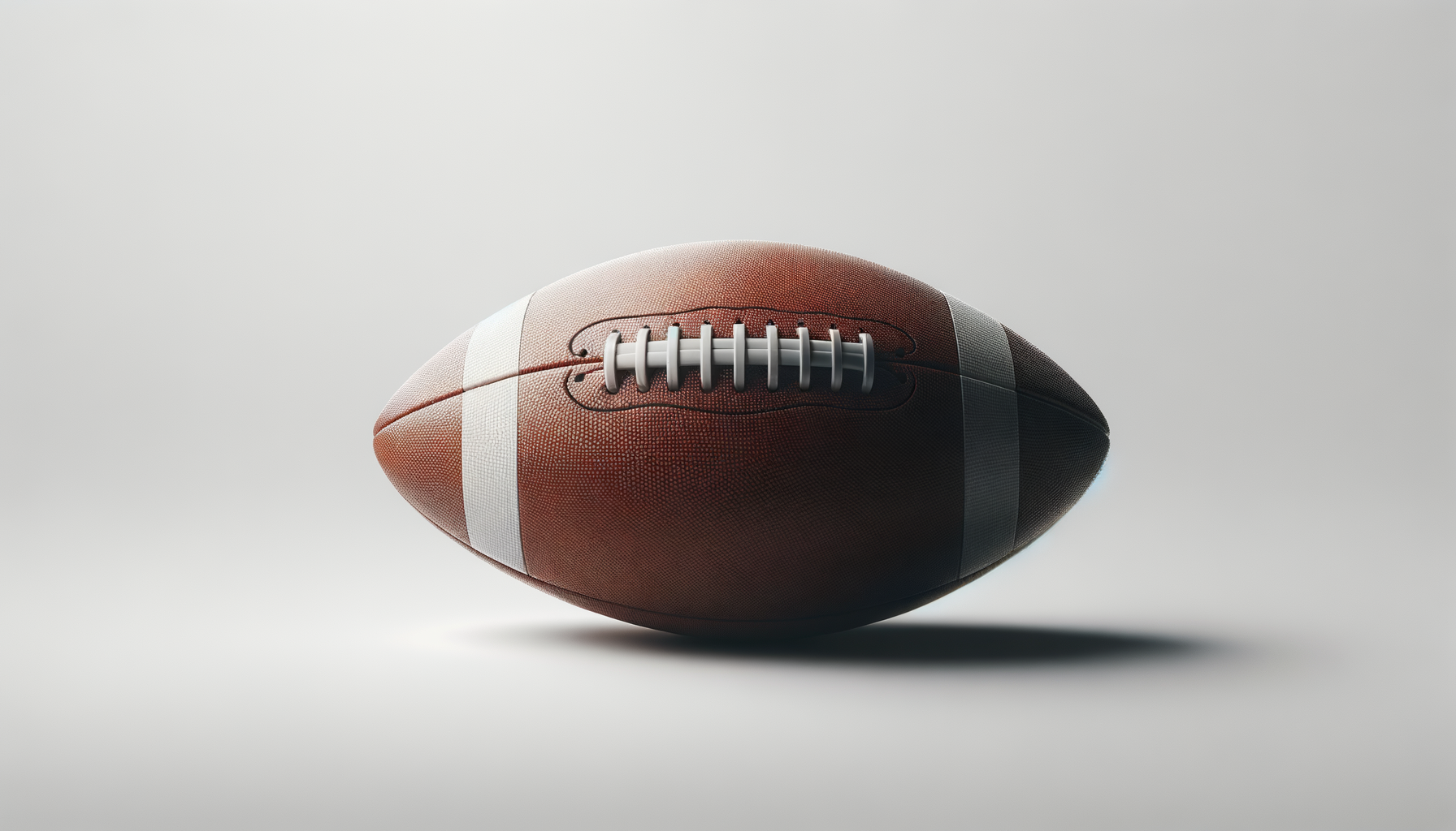 Close-up of an American football with white stripes and laces on a plain background.