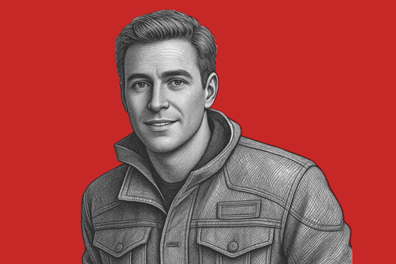 Drawing of a young man with neatly combed hair, wearing a light gray jacket with a high collar, against a red background.
