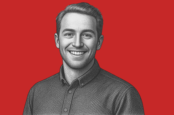 Black-and-white digital portrait of a smiling man with short hair, wearing a dark button-up shirt, set against a red background.