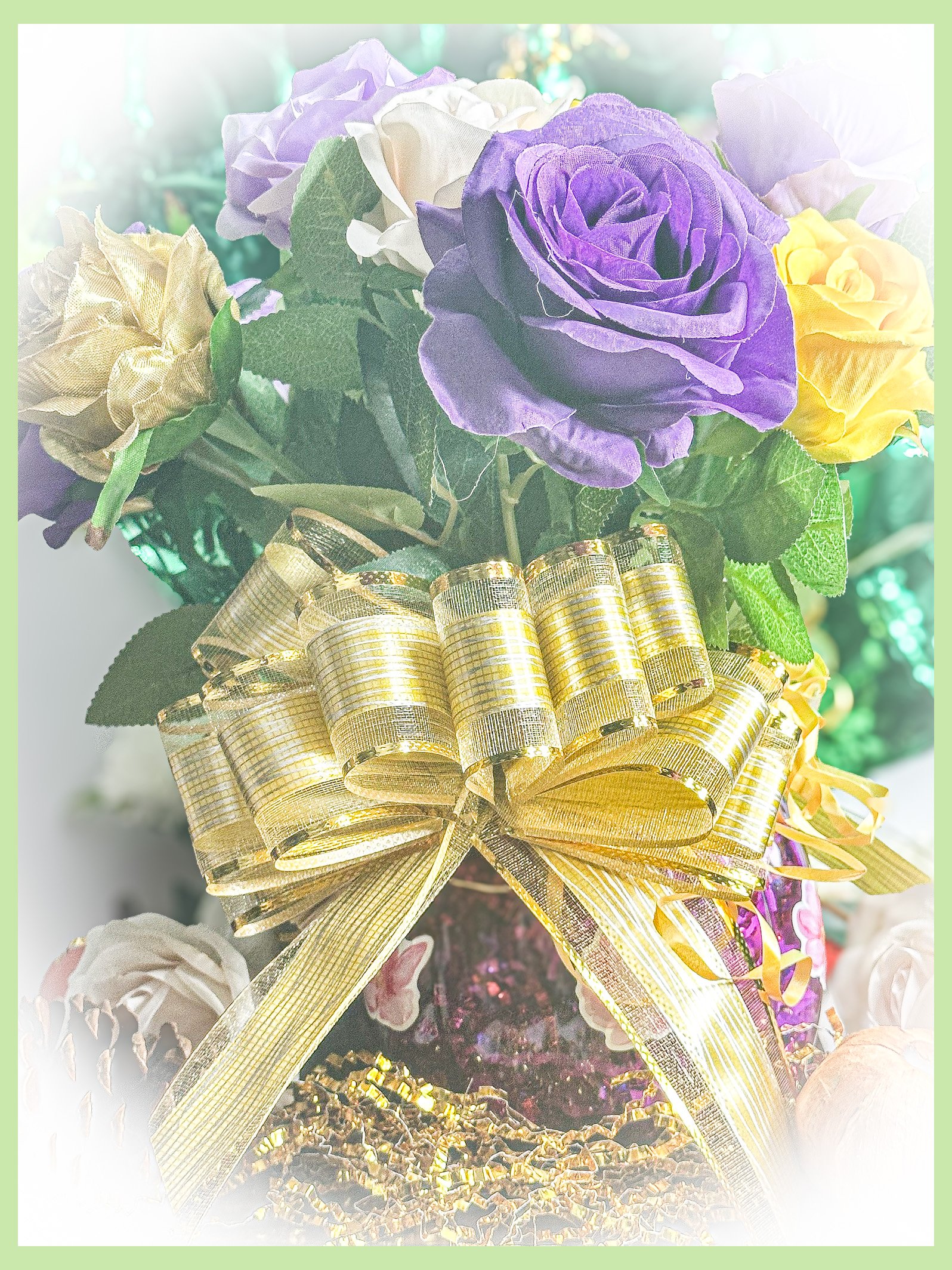 Silk Rose Arrangement with Golden Accents