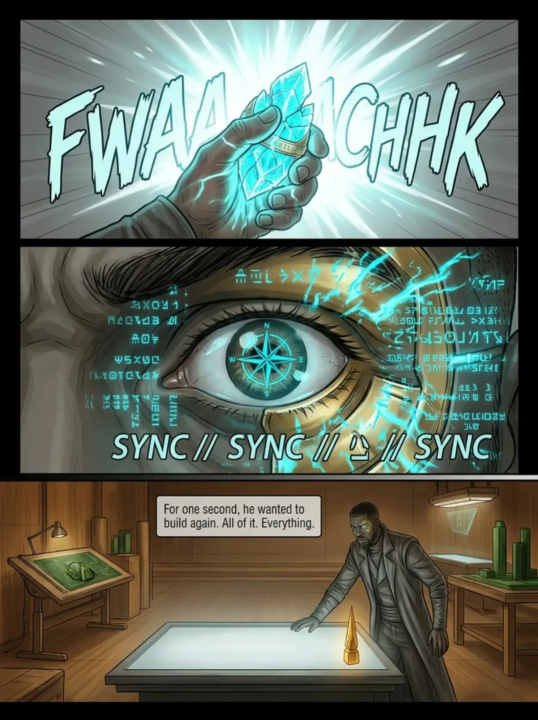 Comic panel showing a hand holding glowing blue crystal, a close-up of a human eye displaying digital and mystical holograms, and a man examining a glowing pyramid on a table with the caption 'For one second, he wanted to build again. All of it. Ever