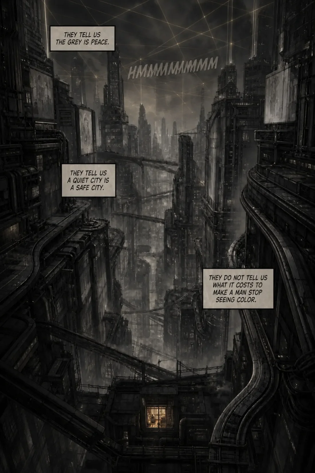 A dark, dystopian cityscape with tall, industrial buildings and interconnected walkways. Overlaid with comic-style speech bubbles saying: 'They tell us the grey is peace.' and 'They tell us a quiet city is a safe city.' and 'They do not tell us what 
