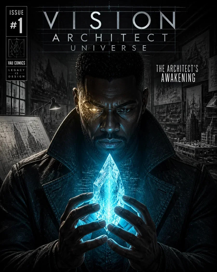 A man with cybernetic facial features holding a glowing blue crystal in a dark, cluttered room with architectural drawings.