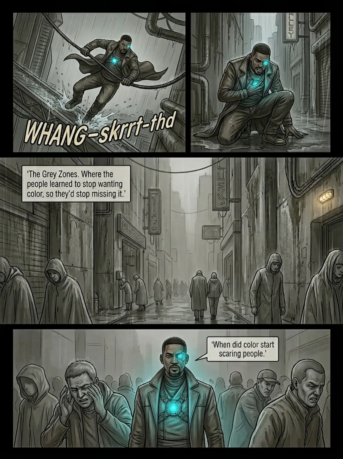 A comic panel showing a man in a trench coat with glowing elements fighting on a rooftop, then kneeling and clutching his chest on a rain-soaked street, followed by a depiction of a gloomy city alley with hooded figures and a narrator's caption about