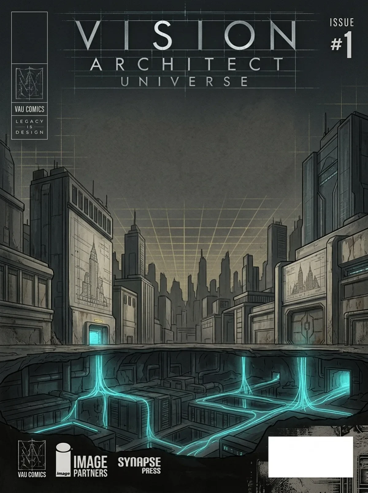 Futuristic cityscape with tall buildings, some with digital displays, and underground infrastructure illuminated with blue glowing lines, under a grid-patterned sky.