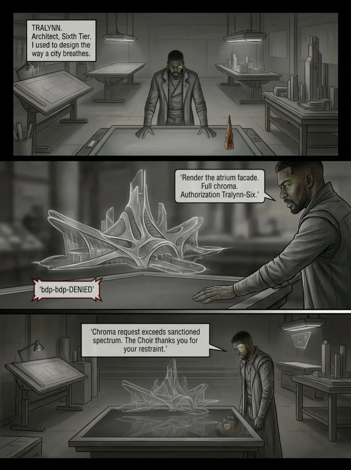 A futuristic scene showing two men at a high-tech design table with holographic displays. The first man, identified as Tralynn, is an architect giving instructions, while the second man is controlling a holographic architectural model. The dialogue i