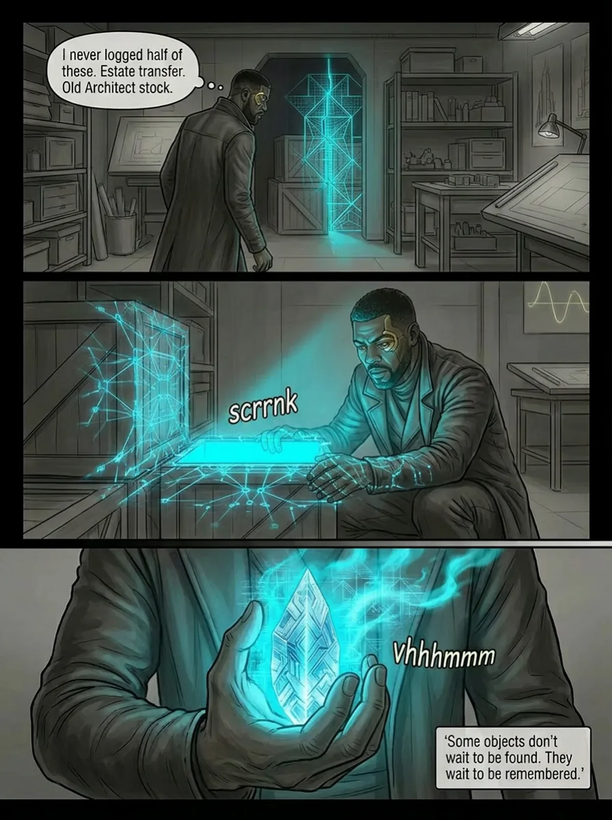 A comic strip showing two men in a high-tech lab with holographic screens. One man walks and thinks about estate transfer, while the other is manipulating holographic objects, ultimately holding a glowing, intricate object and saying, 'Vhhhm'.