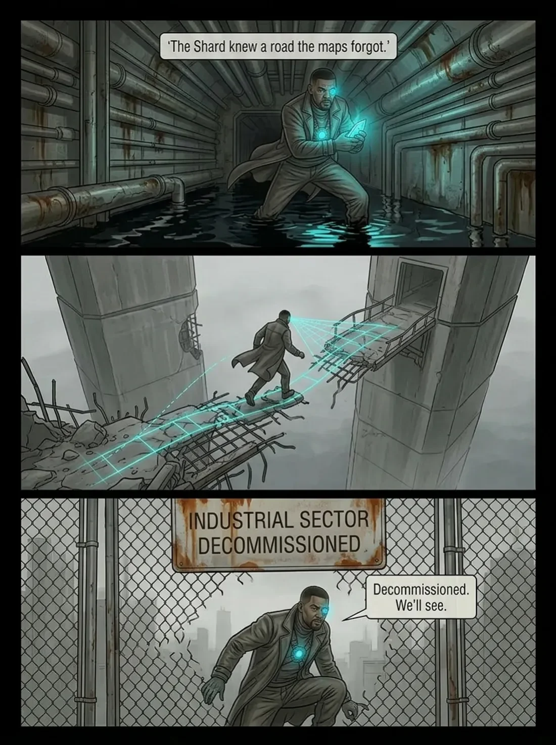 Comic strip showing a man in a flooded tunnel with pipes and a glowing device, crossing a bridge while being scanned by a futuristic security system, and then kneeling in front of a sealed gate with a sign that reads 'Industrial Sector Decommissioned