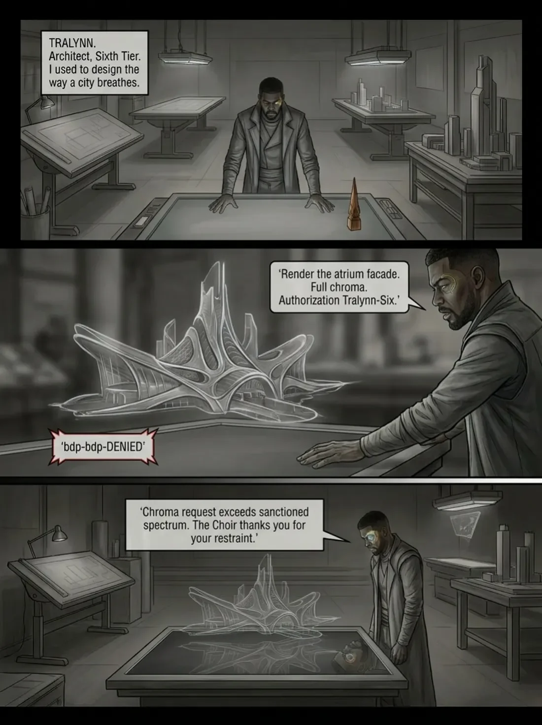 A comic-style illustration of two men working in a high-tech laboratory with futuristic architecture models. The man on the left is an architect named Tralyenn, giving a command to render a city facade with full chroma, but his request is denied due 