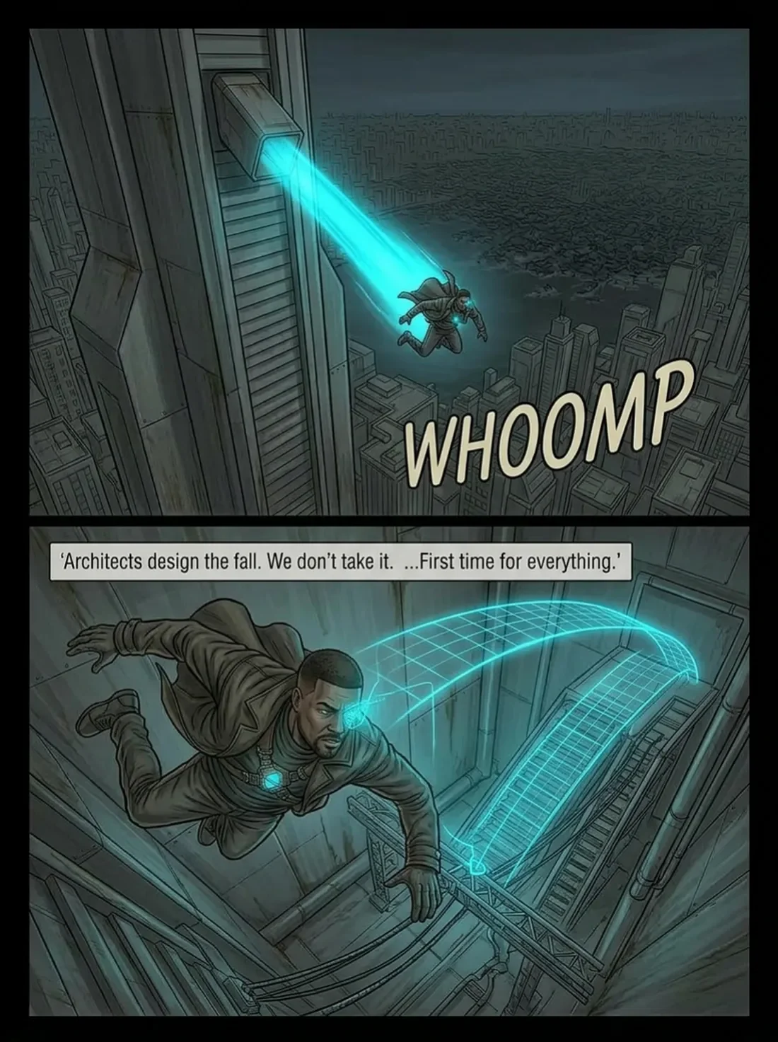 A comic book illustration of a man in a suit jumping from a skyscraper with a glowing blue trail behind him, and then climbing down a building with a glowing blue holographic architectural structure. The scene is set in a city, with a caption about a