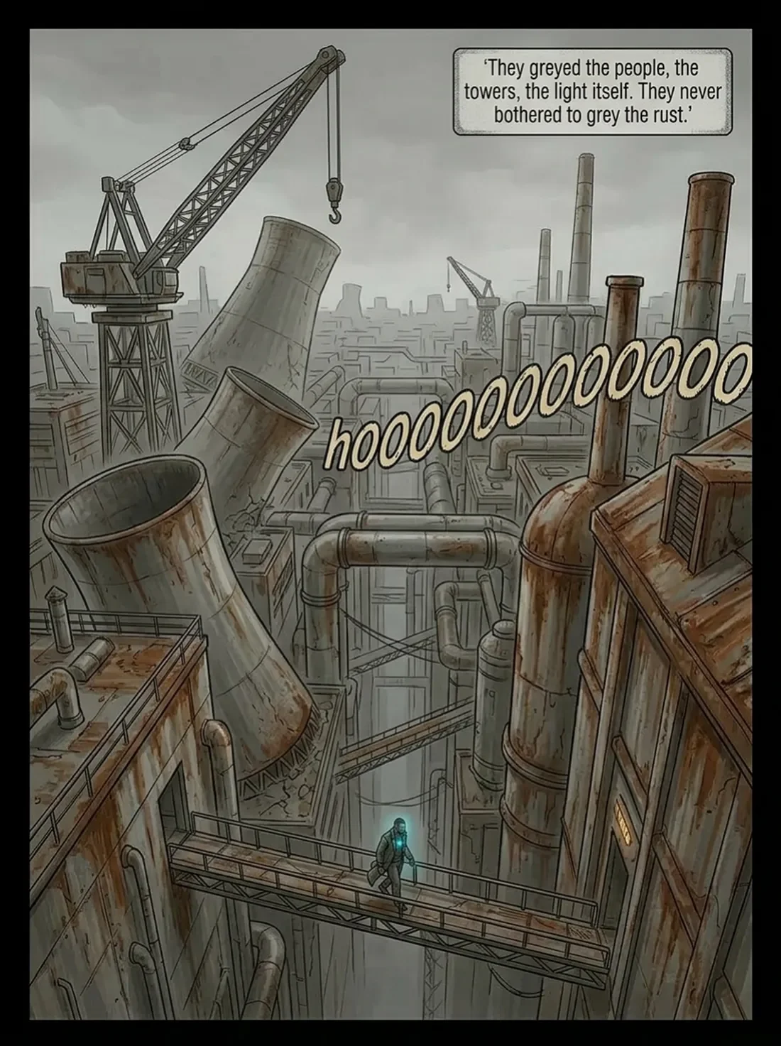 A dystopian industrial landscape with large, rusted cooling towers, pipes, and factory buildings. Crane structures are present, and a figure with a glowing blue light walks along a metal walkway.