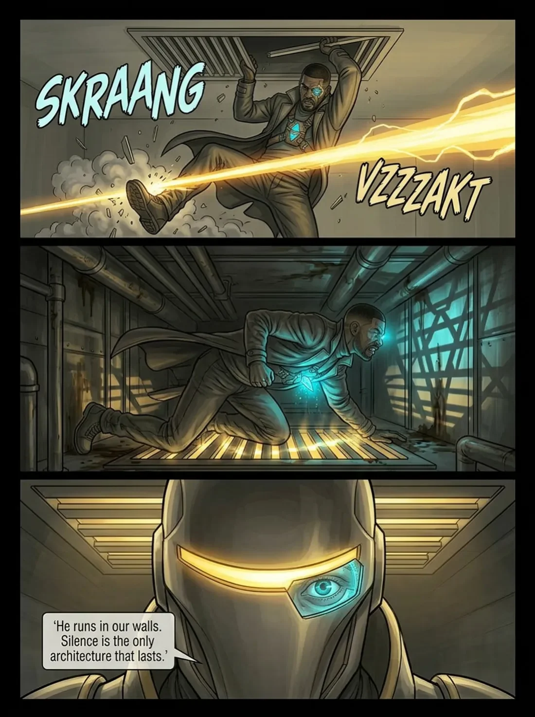 Comic strip with three panels showing a man with a glowing eye and armor. In the first panel, he fights with a laser attack, saying 'SKRAANG VZZZAKT.' In the second panel, he crawls on the floor inside a metallic room, glowing from his chest. The thi