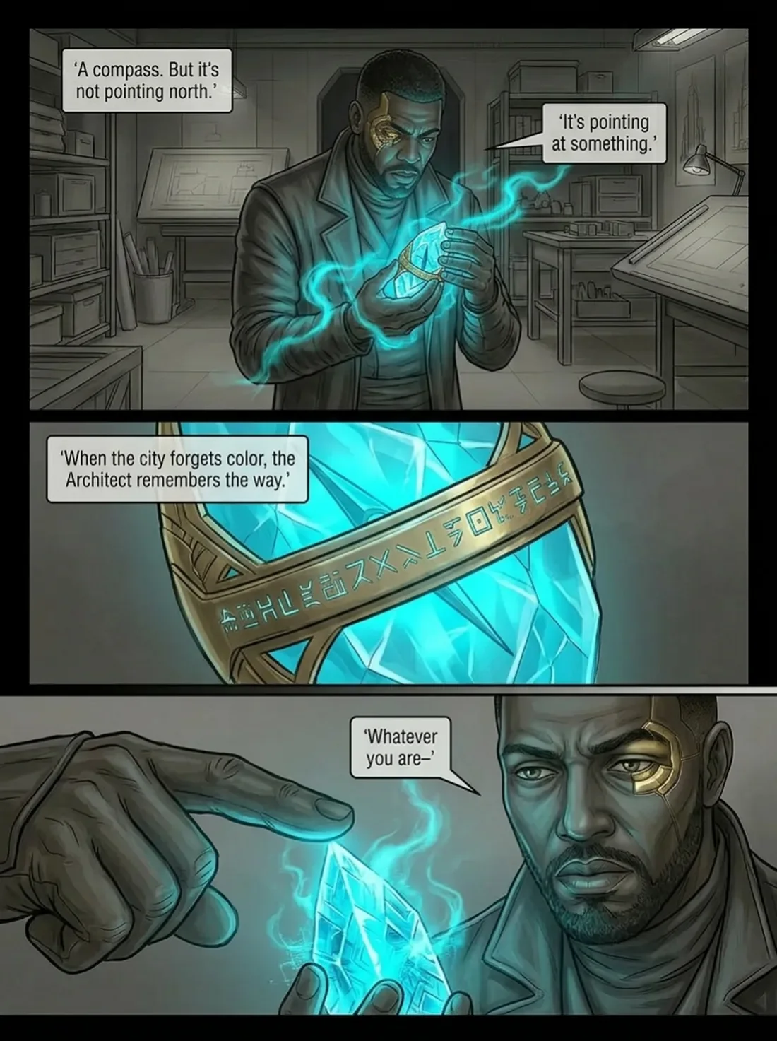 A comic or graphic novel page showing a man in a laboratory holding a glowing, blue, crystal-like object surrounded by a ring of symbols. The man has cybernetic implants on his face. The background features laboratory equipment. The speech bubbles su