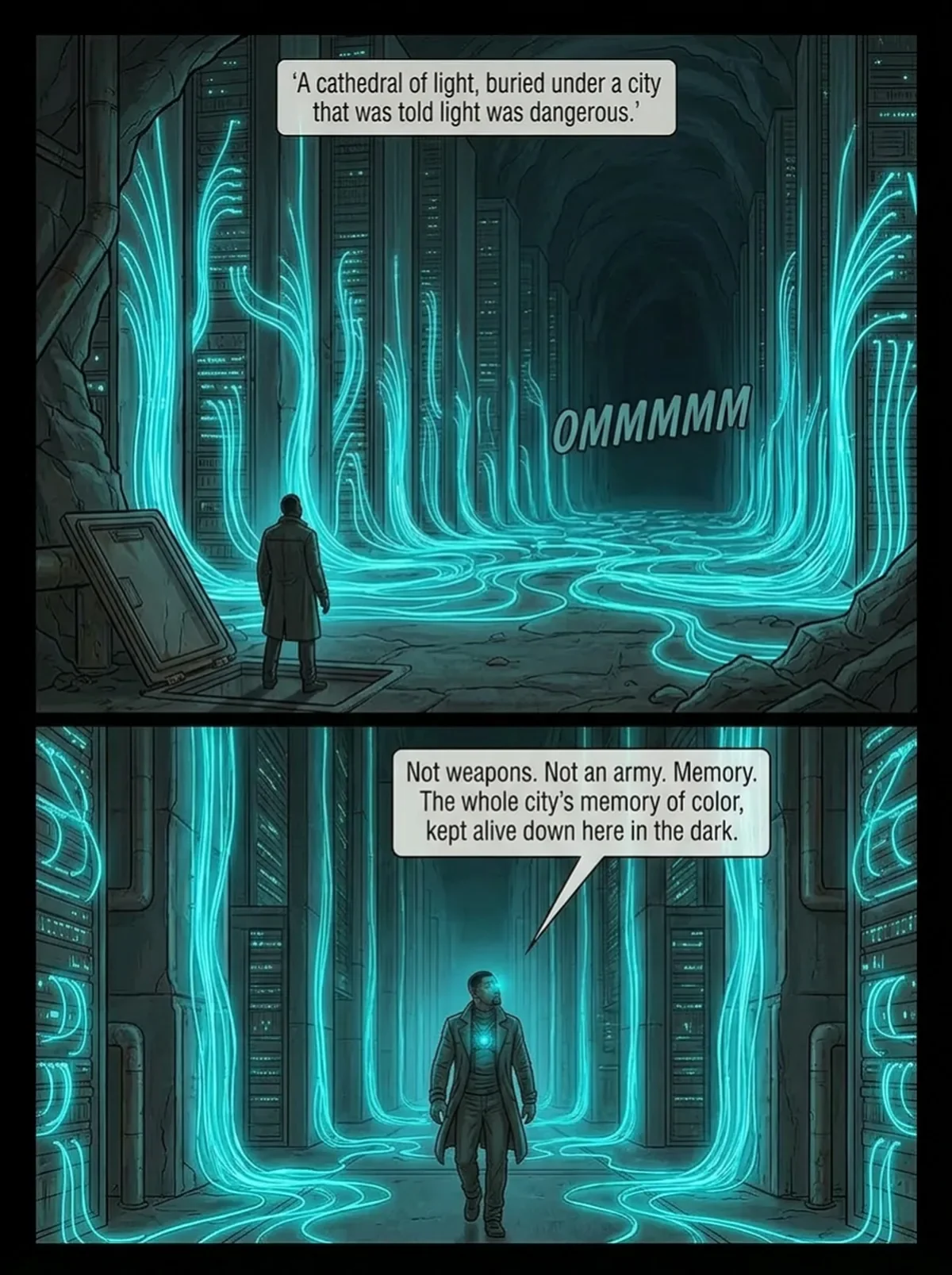 A person stands in front of a glowing digital cityscape, with blue, light-like lines forming the structure of a city inside a dark cave, with one man walking toward a server room. The text indicates it’s a memory of a city buried underground, not wea