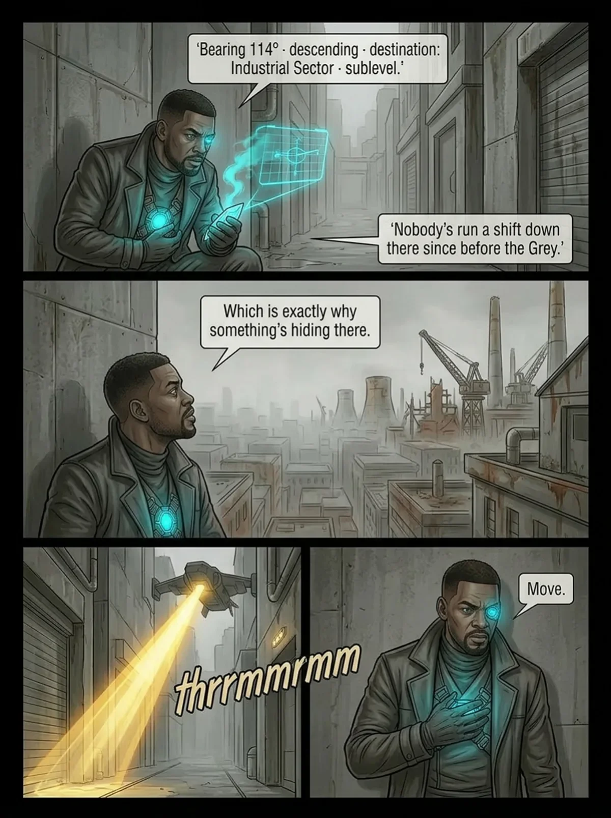 A futuristic comic strip featuring two characters discussing a hidden location in an industrial urban setting. One character uses a holographic device to analyze the terrain. The scene includes factories, cranes, and a drone emitting a searching beam