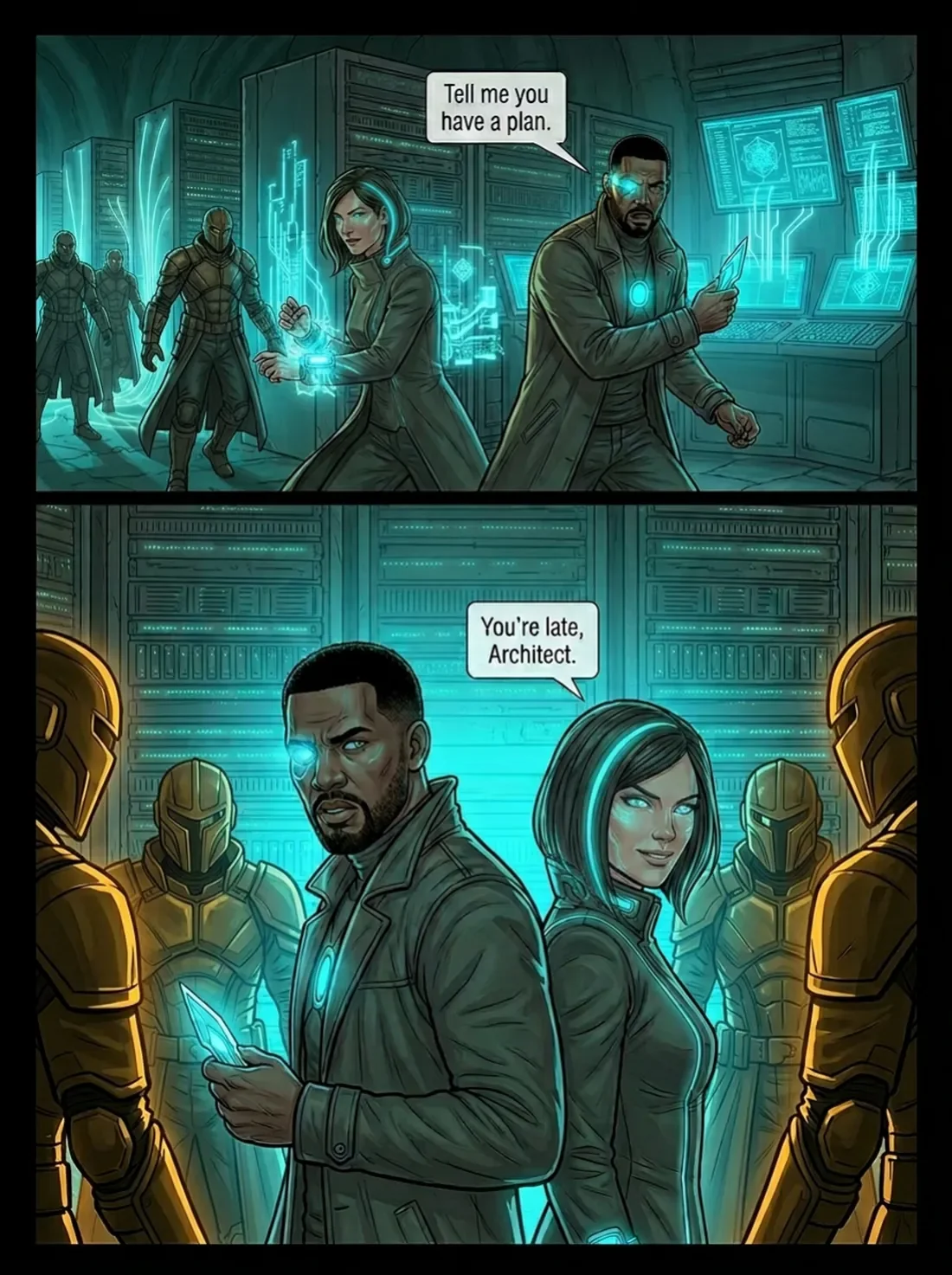 Futuristic scene with tech crew and armored soldiers in a high-tech control room, featuring glowing digital interfaces and neon lighting, with a man and woman discussing plans.