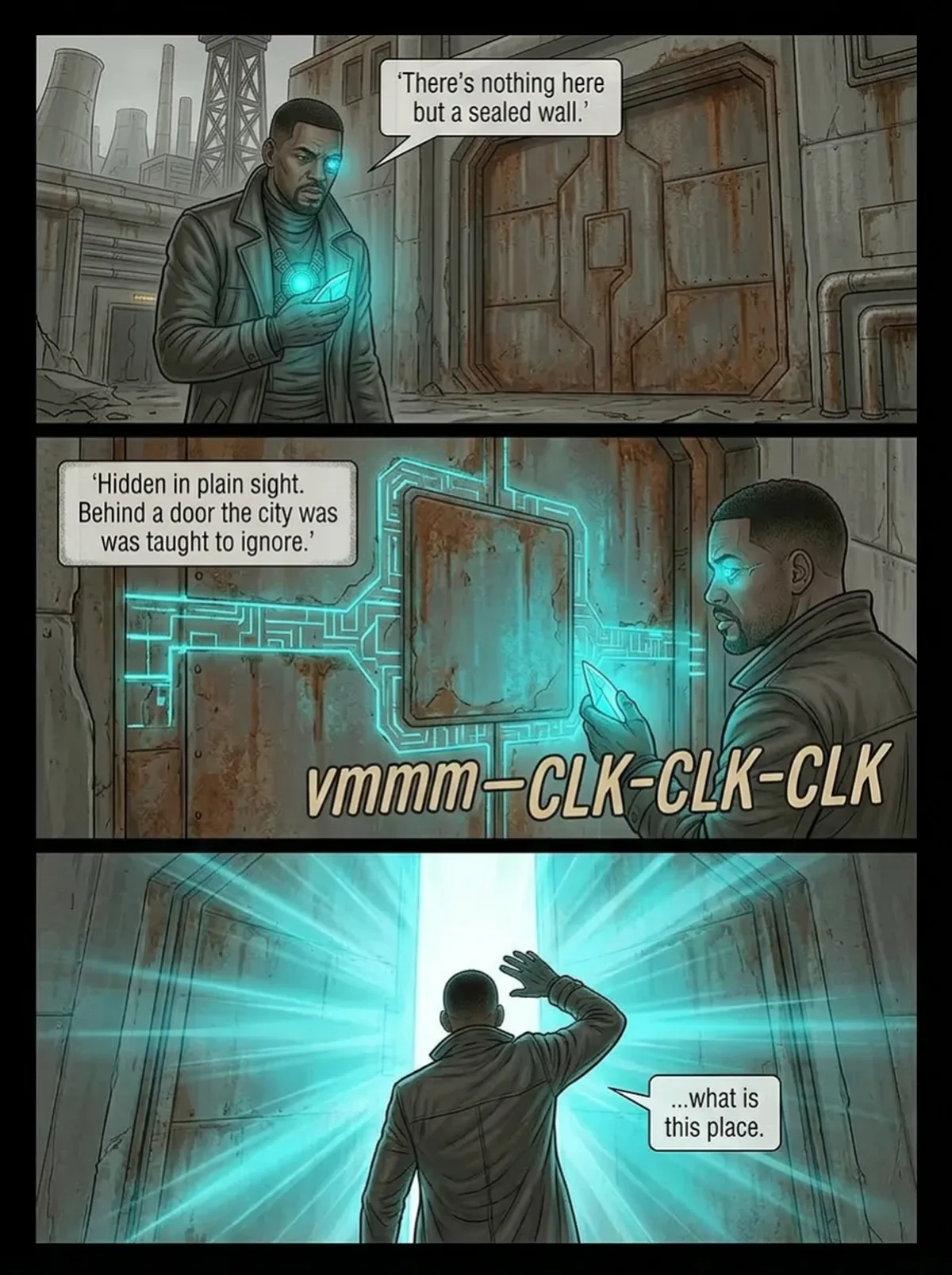 A comic strip showing a man discovering a sealed wall and a hidden door with glowing circuitry. He interacts with a futuristic interface, opens the door, and walks into a bright, mysterious place, asking, 'what is this place?'