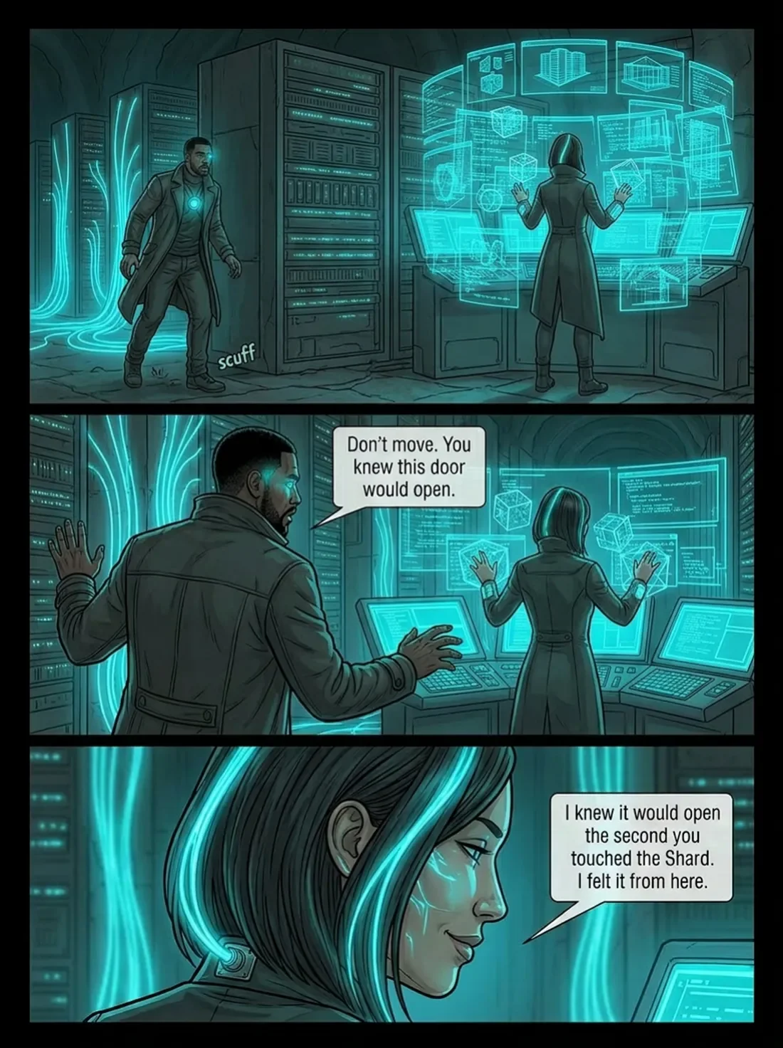 Science fiction illustration of two people in a high-tech underground facility with holographic interfaces and server racks, one woman and one man, with the woman opening a door using a hologram, and the man warning her about it. The woman responds c