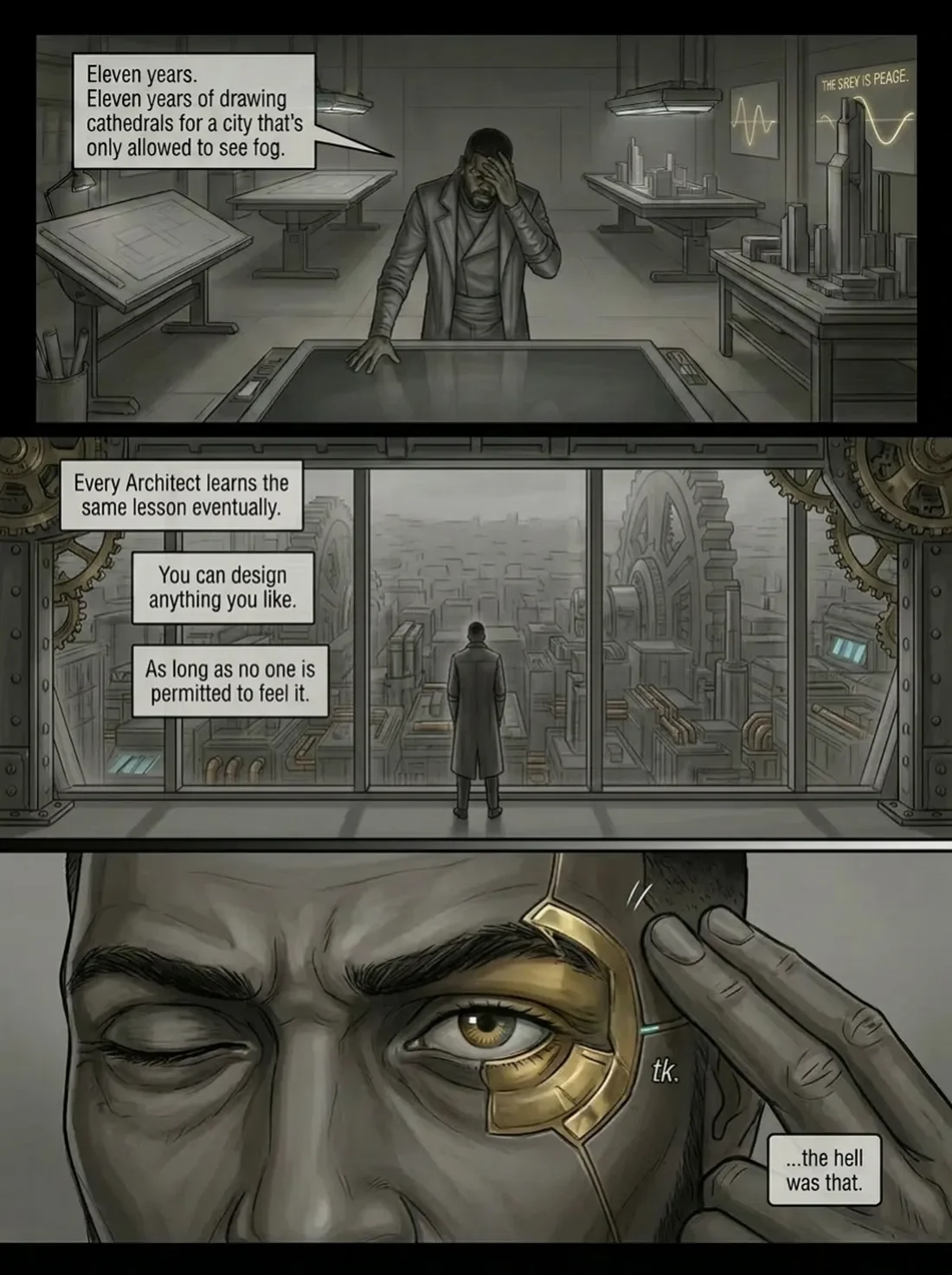 Comic strip with three scenes: the first shows a man in a design studio with the caption, "Eleven years. Eleven years of drawing cathedrals for a city that's only allowed to see fog." The second scene depicts a man standing in front of a window overl
