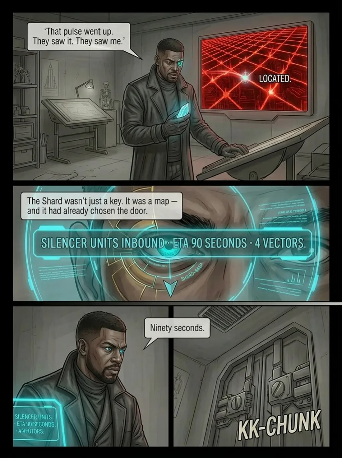 A comic book scene showing a man with a glowing eye in a high-tech room. He is looking at a device with a map on a screen indicating a location. The second panel shows a close-up of the man's eyes with digital overlays and text about silencer units. 