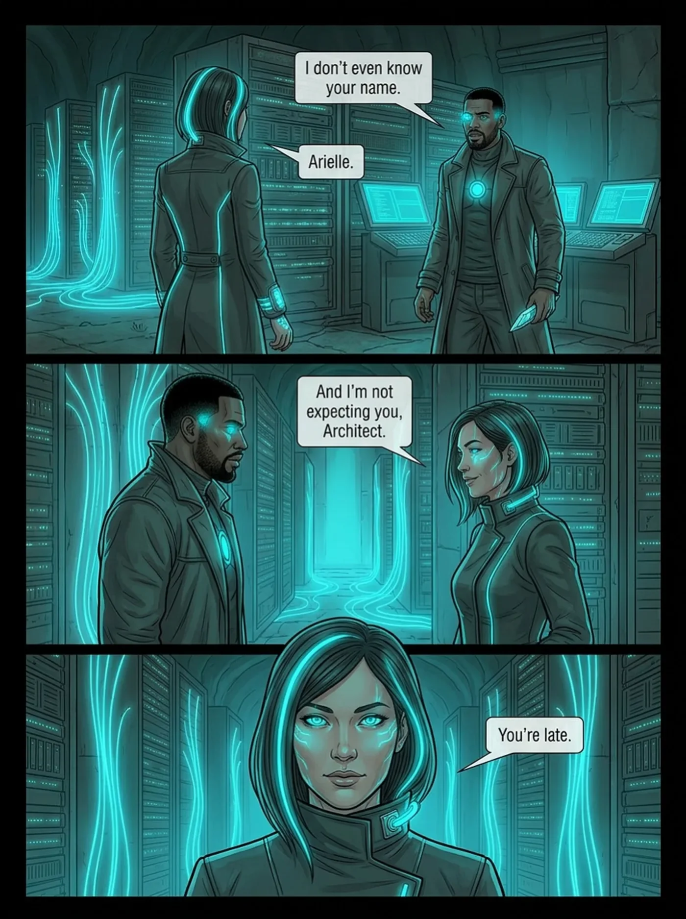 A futuristic comic scene set in a high-tech server room with glowing blue circuitry and panels. Two characters, a man and a woman with cybernetic glowing features, are having a conversation. The man says, "I don’t even know your name." The woman resp