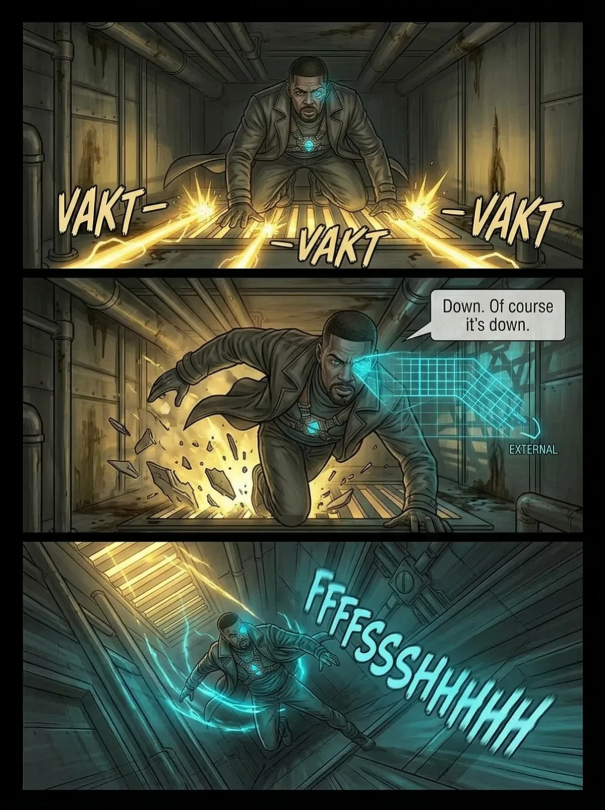 A comic book scene of a man in a suit with a glowing blue eye and glowing blue jewelry, crawling on the floor in a dark, industrial setting. He appears injured as yellow sparks and debris surround him, and he is running or dodging in panic. The scene