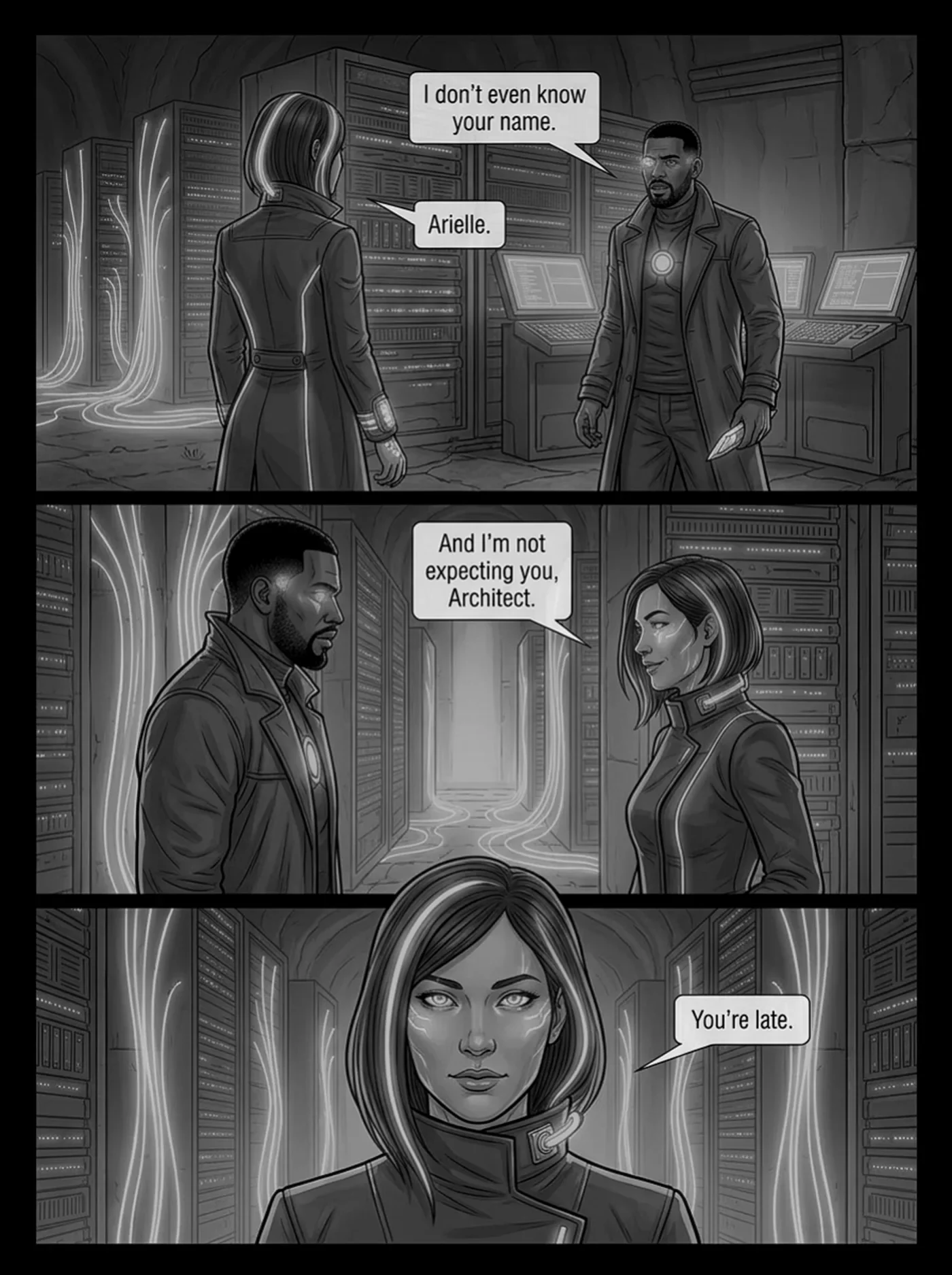 A grayscale comic panel depicting a conversation between a man with a glowing symbol on his chest and a woman with short hair in a high-tech server room. The woman introduces herself as Arielle, and the man seems surprised that she doesn't know his n