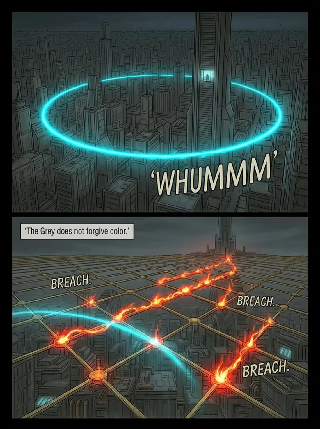 A comic scene depicting a futuristic city with a glowing blue circle around a tall building in the first panel, and a grid with fiery lines and breaches in the second panel, with text indicating 'The Grey does not forgive color.' and sound effects 'B