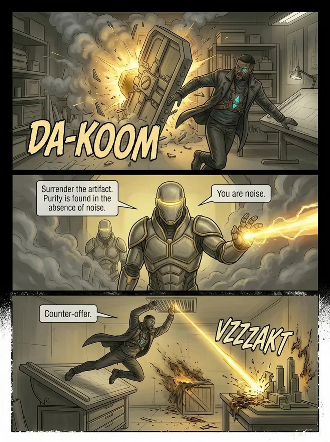Comic-style scene with a man in a suit running from an explosion, armored figures fighting with laser weapons, and a person jumping and firing a laser at a computer desk as it burns.